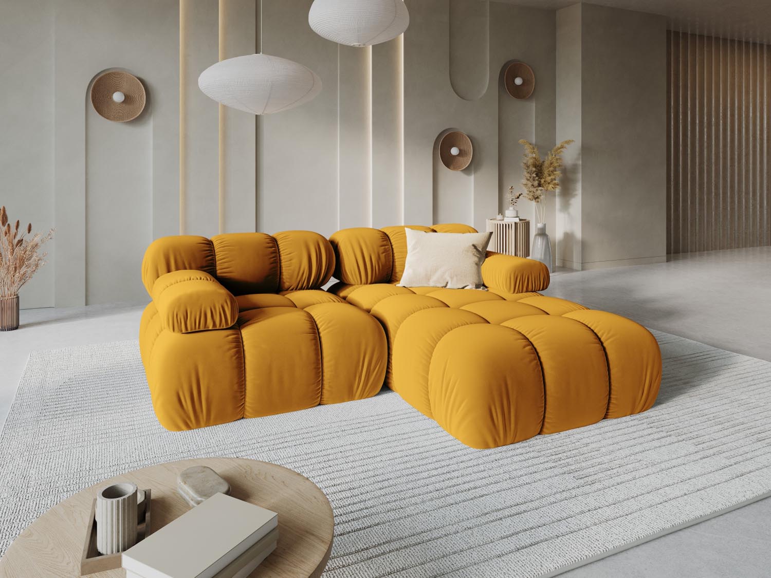 Elegantes Bellis Velour Ecksofa in Gelb-Blau, 3-Sitzer, 155 cm, ideal für stilvolle Wohnräume, präsentiert von Micadoni.
