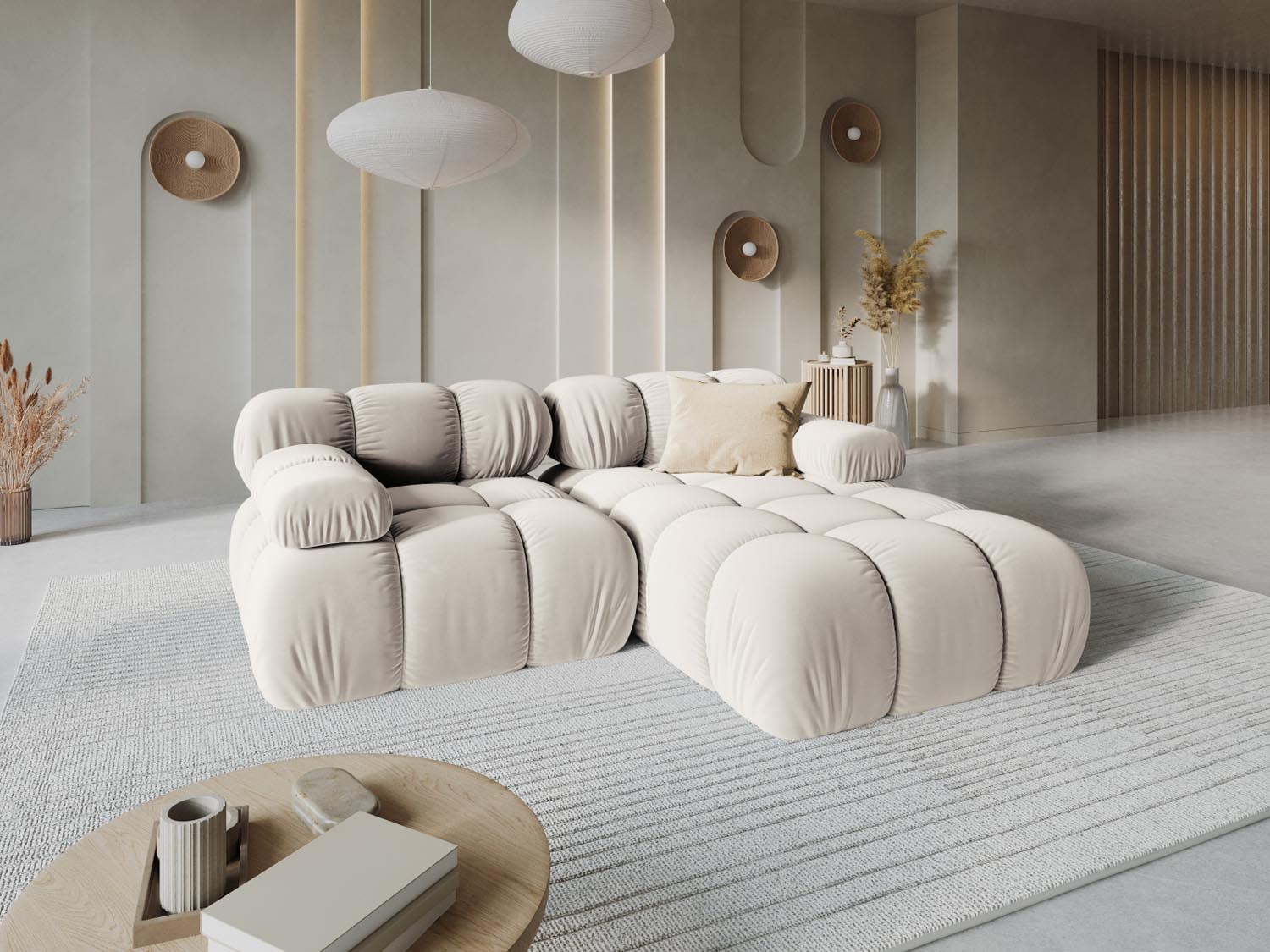 Elegantes Bellis Velour Ecksofa in Dark Beige-Bluvel, 3-Sitzer, modulare Form, ideal für stilvolle Wohnräume, präsentiert von KAQTU Design AG.