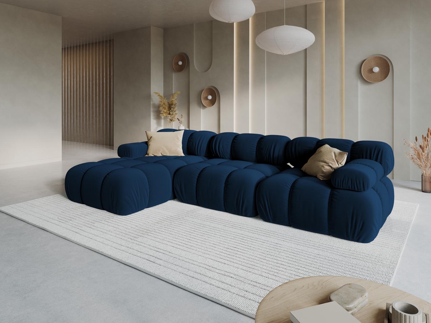 Elegantes Bellis Velour Ecksofa in Royal Blue, ideal für stilvolle Wohnräume. Modulares Design, 4-Sitzer, linksseitig, 155 cm.