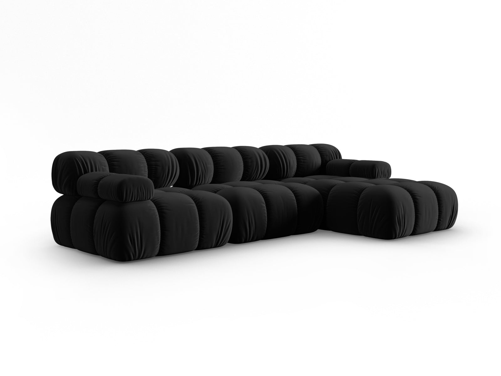 Modulares Ecksofa Bellis in Velours, 4-Sitzer, rechte Ausführung, stilvolles Design in Schwarz-Bluvel, perfekt für moderne Wohnkonzepte.