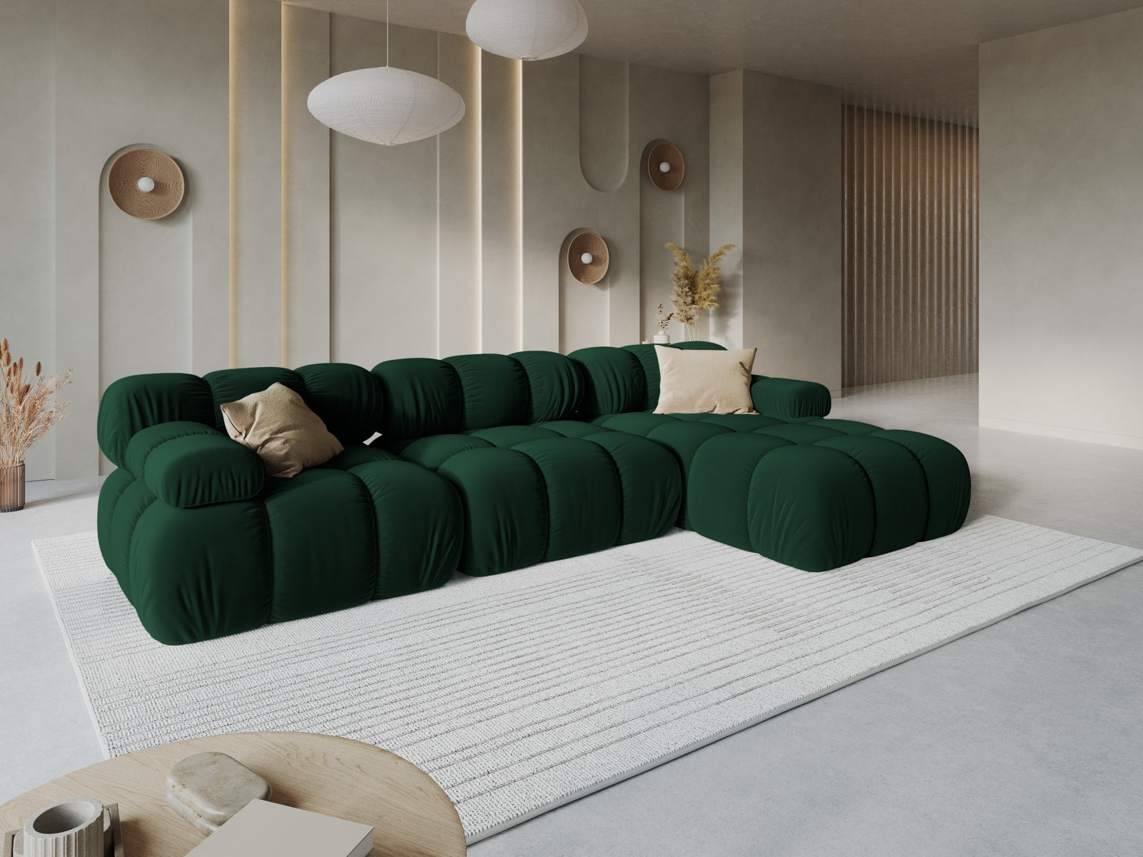 Entdecken Sie das elegante Bellis Velour Ecksofa rechts von Micadoni – ein 4-Sitzer mit 155 cm Breite, ideal für stilvolle Wohnräume.