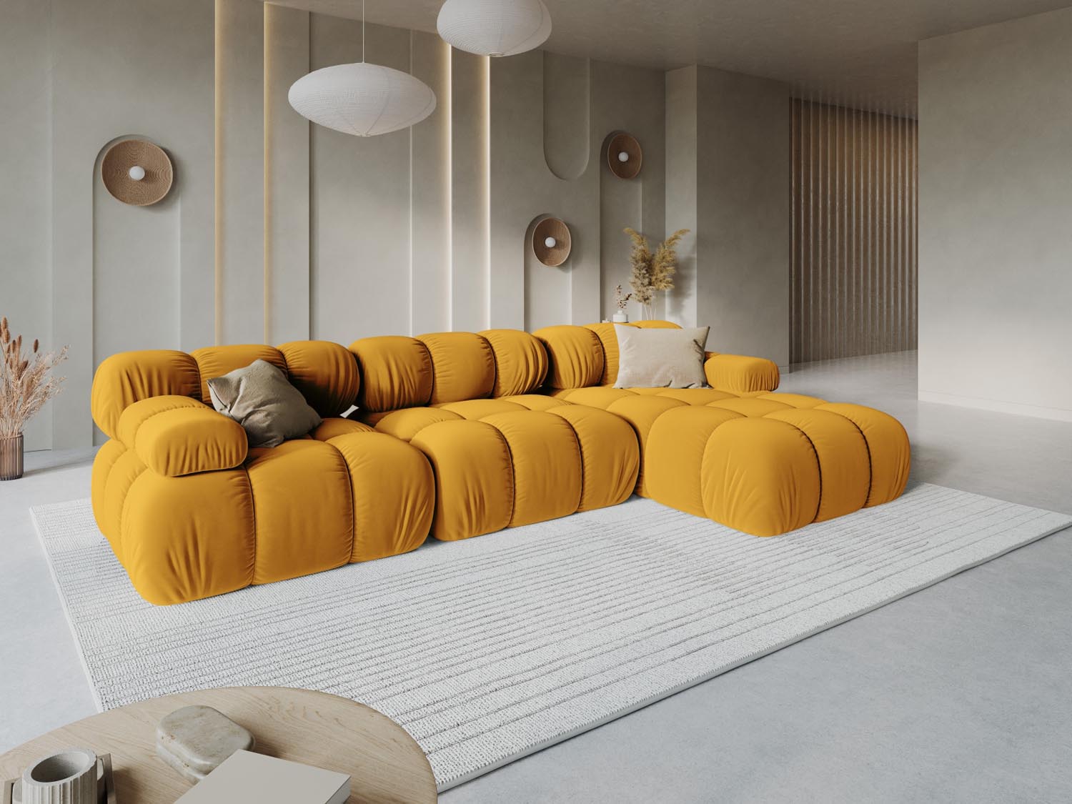 Elegantes Bellis Velour Ecksofa in Gelb-Blau, 4-Sitzer, modulare Form, ideal für stilvolle Wohnräume, präsentiert von KAQTU Design AG.