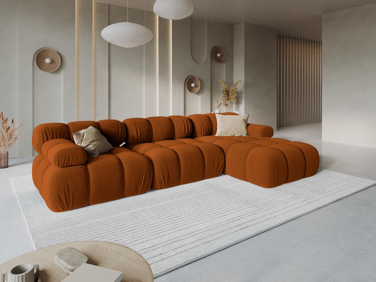 Elegantes Bellis Velour Ecksofa in Terracotta, ideal für stilvolle Wohnräume. Modulares Design, 4-Sitzer, rechtsseitig, 155 cm.