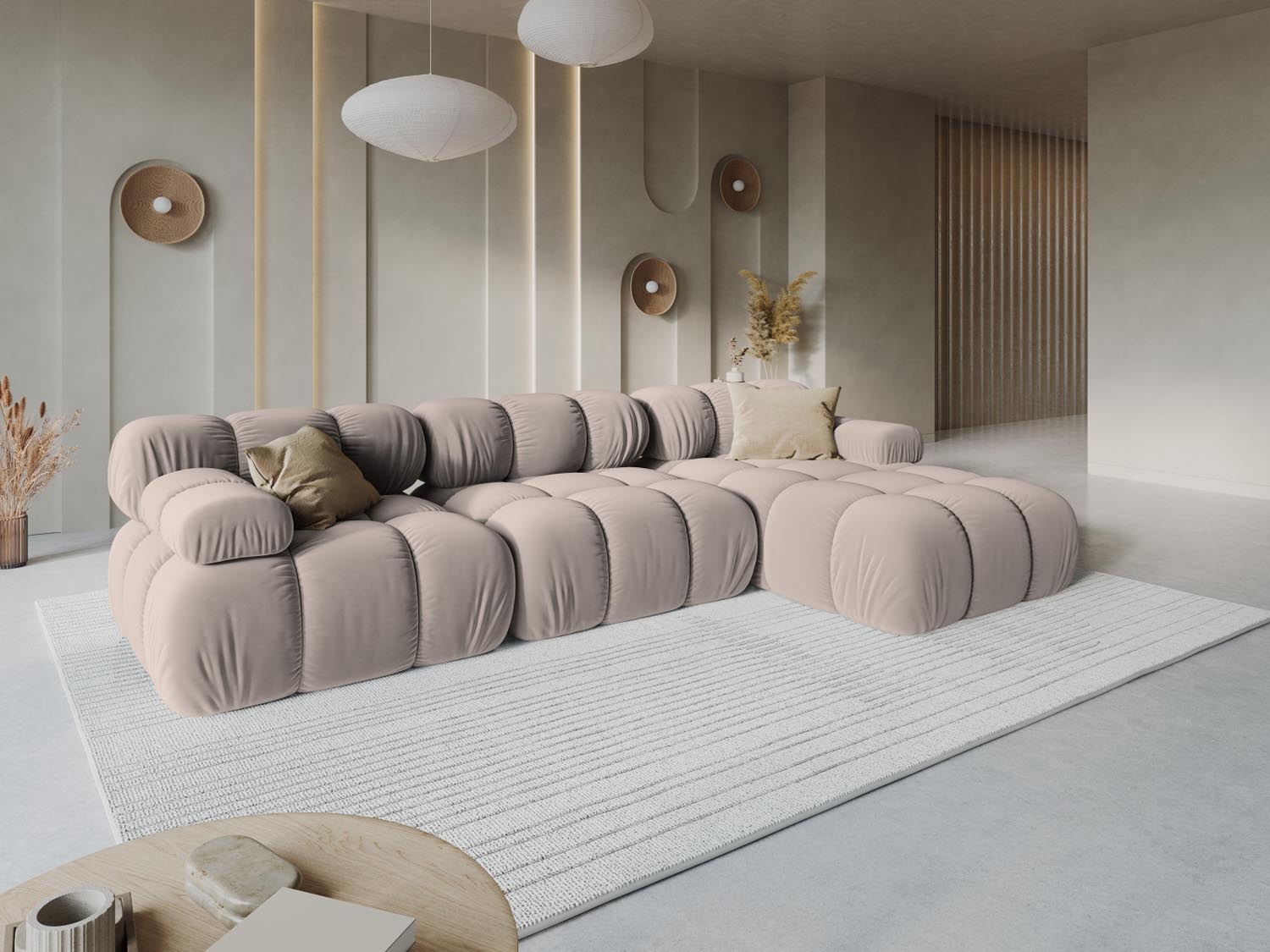 Elegantes Bellis Velour Ecksofa in Cappuccino, ideal für stilvolle Wohnräume. Modulares Design, 4-Sitzer, rechtsseitig, von Micadoni.