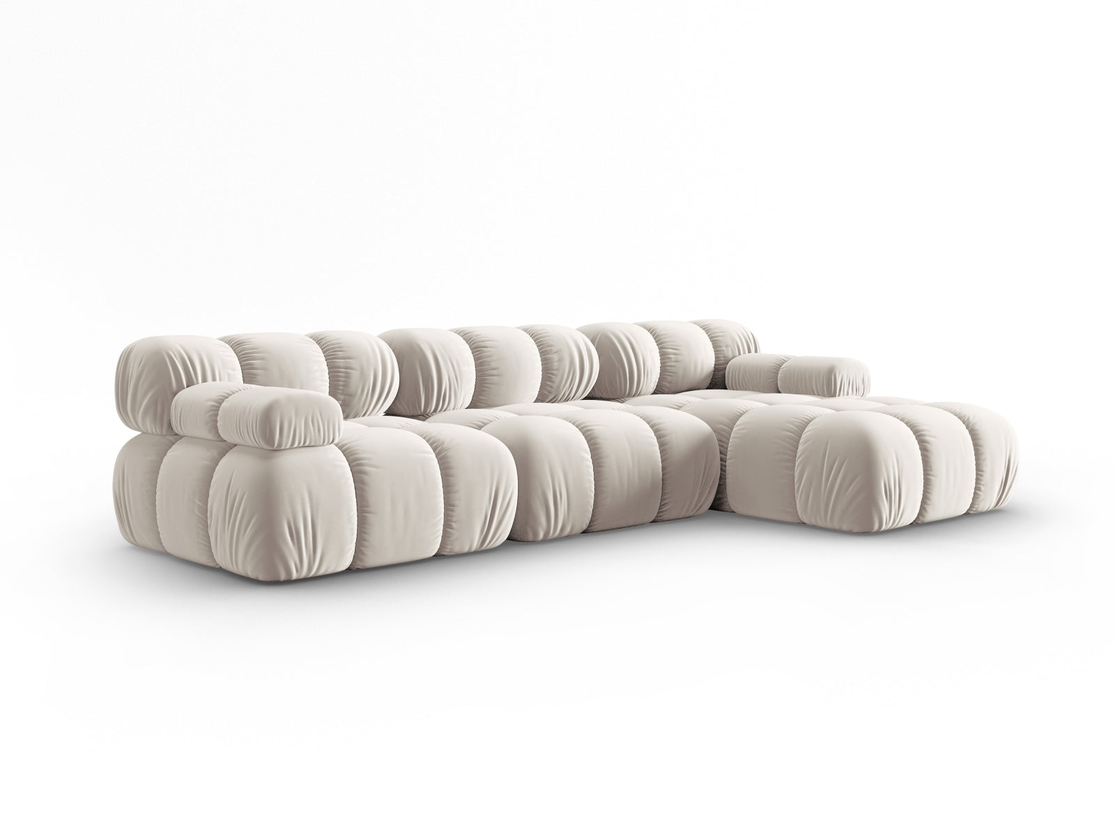 Modulares Ecksofa Bellis Velour in sanftem Beige, 4-Sitzer mit rechter Ecke, perfekt für moderne Wohnkonzepte und gemütliche Abende.