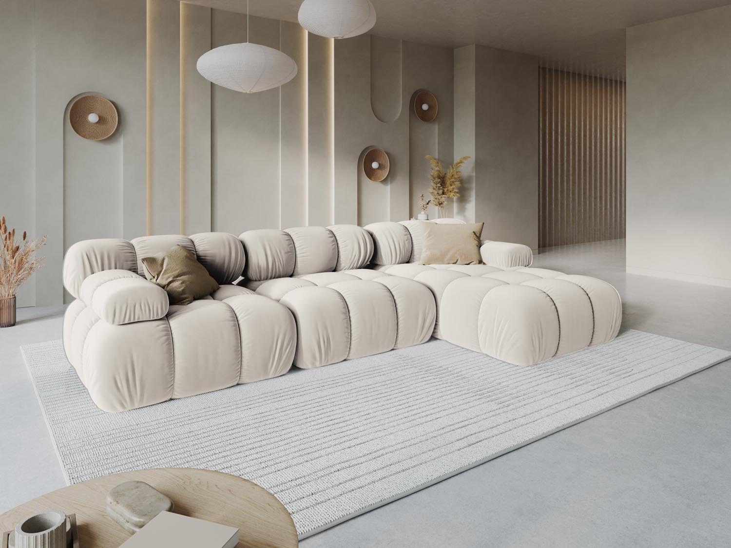 Elegantes Bellis Velour Ecksofa in Dark Beige-Bluvel, ideal für stilvolle Wohnräume. Modulares Design für individuelle Anpassung.