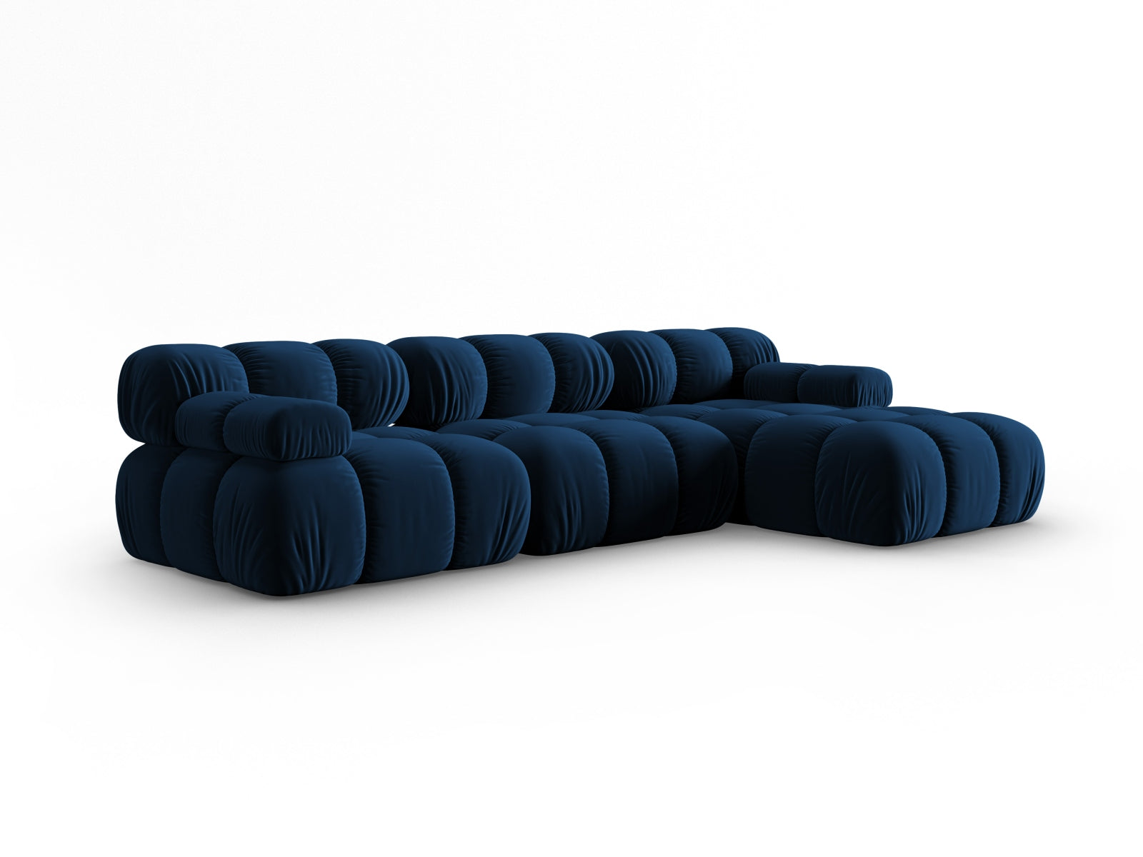 Modulares Ecksofa Bellis in Royal Blue, 4-Sitzer, rechte Ausführung, aus weichem Velours, perfekt für moderne Wohnkonzepte.