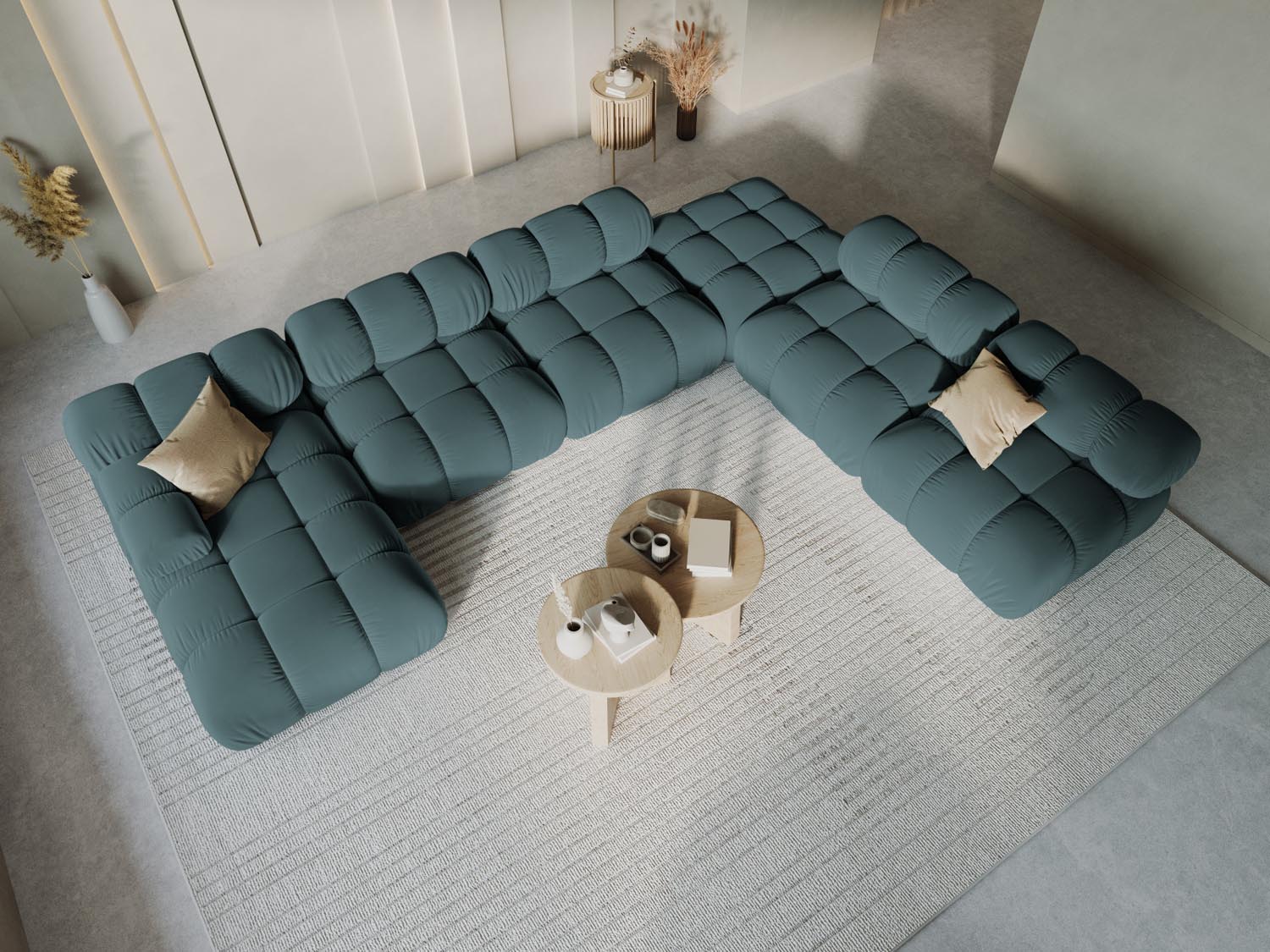 Elegantes Bellis Velour Ecksofa in Türkis, 7-Sitzer, 282 cm, ideal für stilvolle Wohnräume, präsentiert in modernem Ambiente.