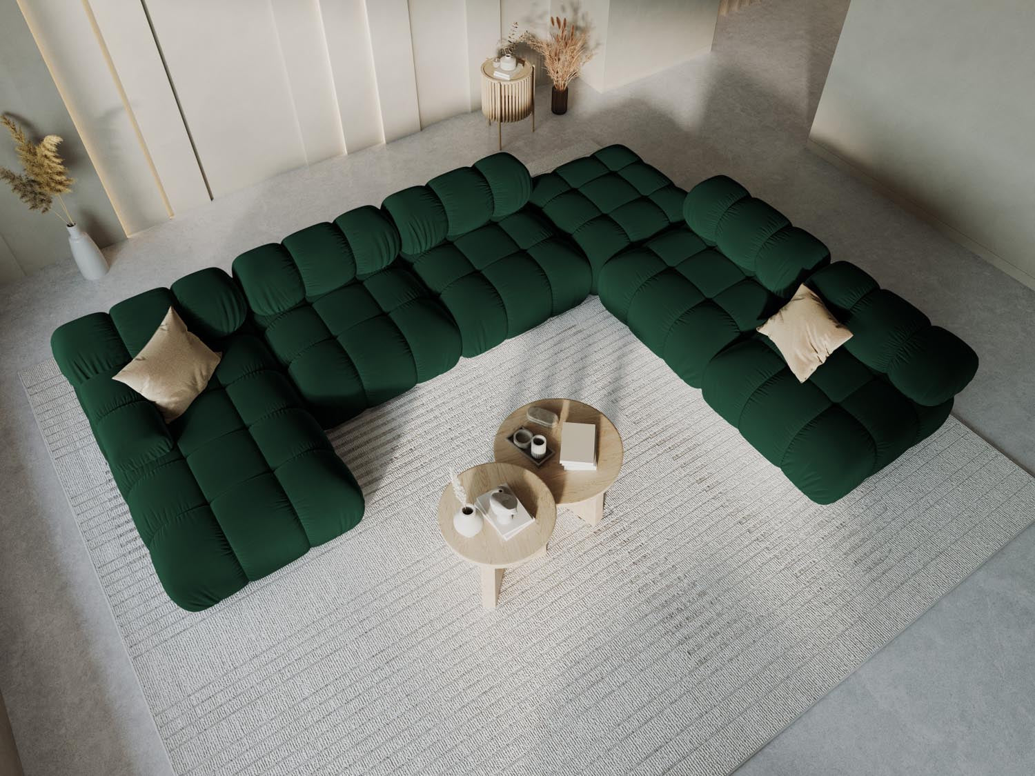 Elegantes Bellis Velour Ecksofa in Bottle Green-Bluvel, 7-Sitzer, 282 cm, ideal für stilvolle Wohnräume, präsentiert in modernem Ambiente.