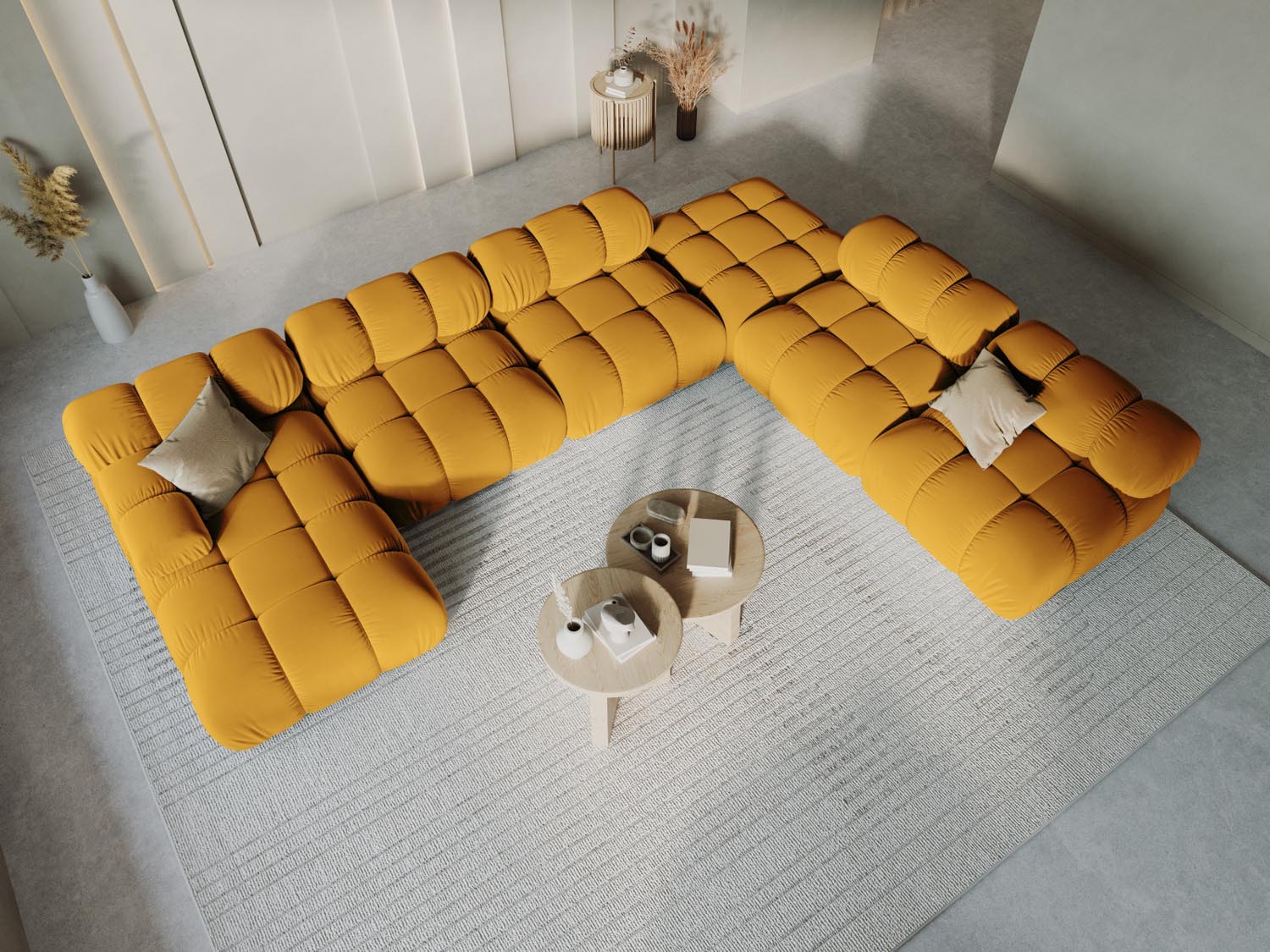 Elegantes Bellis Velour Ecksofa in Gelb-Blau, 7-Sitzer, 282 cm, ideal für stilvolle Wohnräume, präsentiert in modernem Ambiente.