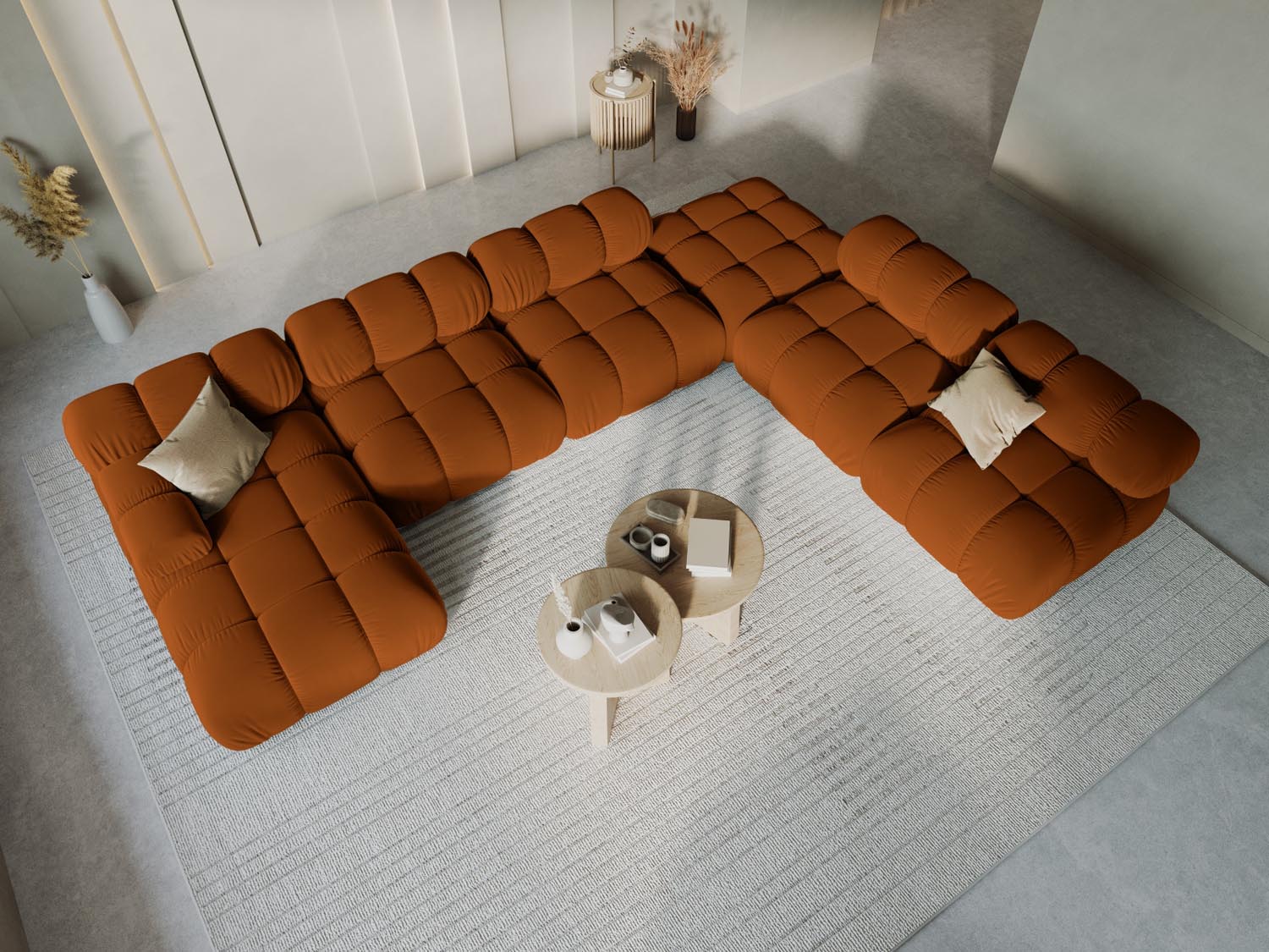Elegantes Bellis Velour Ecksofa in Terracotta, 7-Sitzer, modulares Design, ideal für stilvolle Wohnräume, präsentiert von KAQTU.