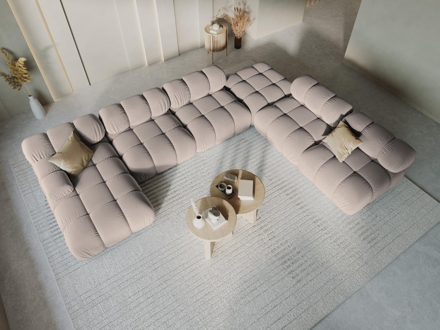 Elegantes Bellis Velour Ecksofa in Cappuccino-Bluvel, 7-Sitzer, modulares Design, ideal für stilvolle Wohnräume.