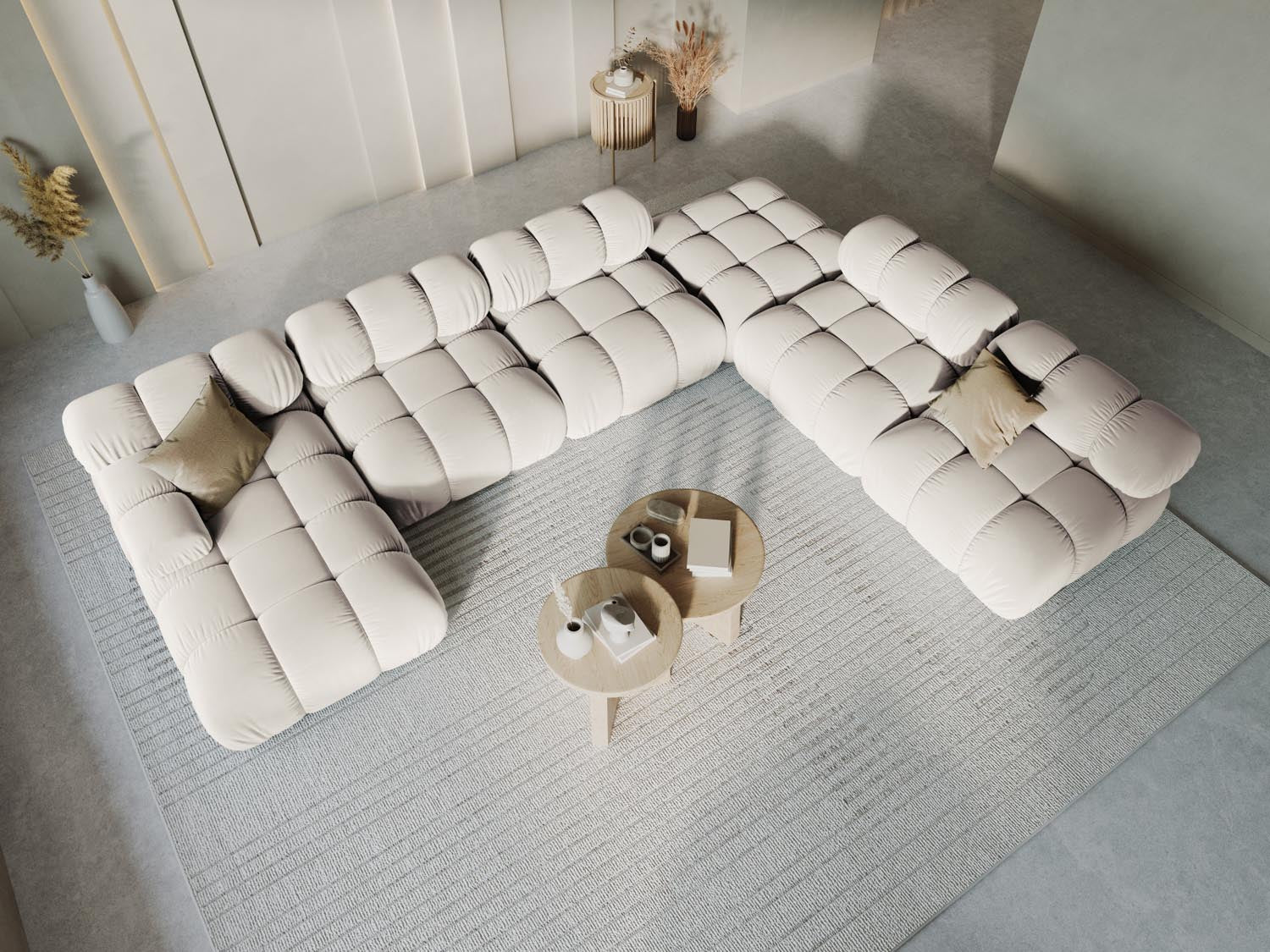 Elegantes Bellis Velour Ecksofa in Dark Beige-Bluvel, 7-Sitzer, 282 cm, ideal für stilvolle Wohnräume, präsentiert in modernem Ambiente.