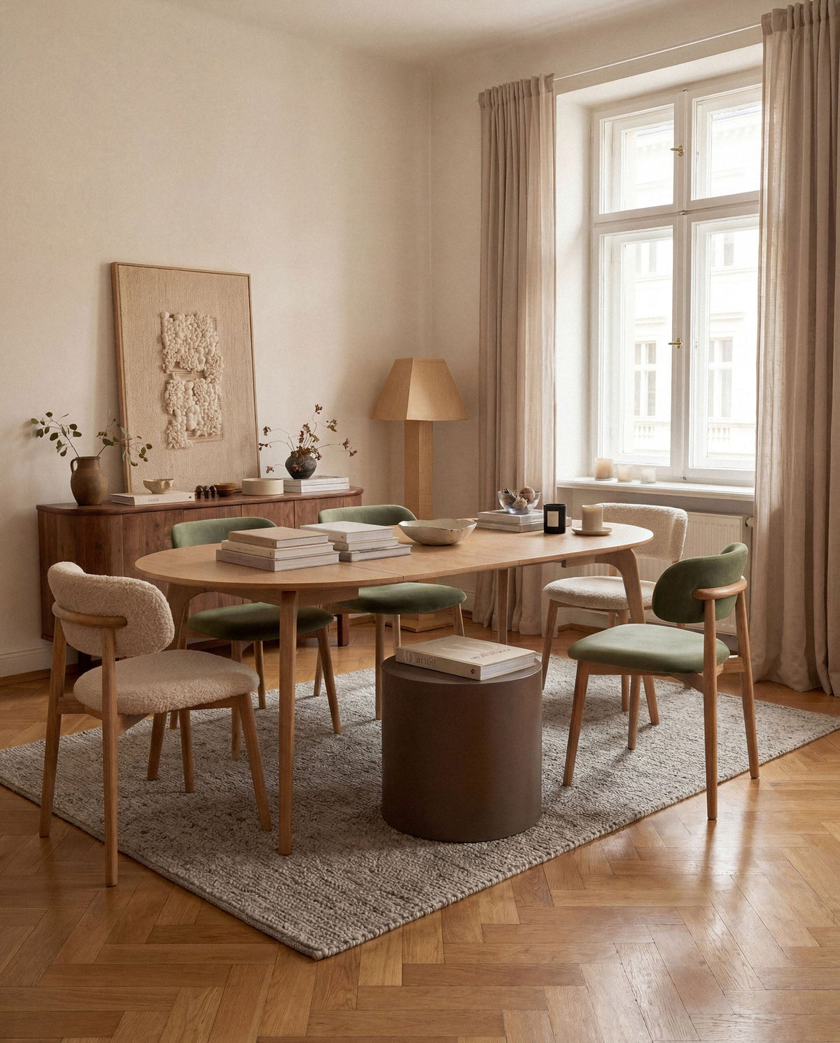 Quadratischer Esstisch mit Eichenfurnier-Oberfläche und Holzbeinen aus Eiche, Modell Renee von Micadoni, ohne Zubehör fotografiert.