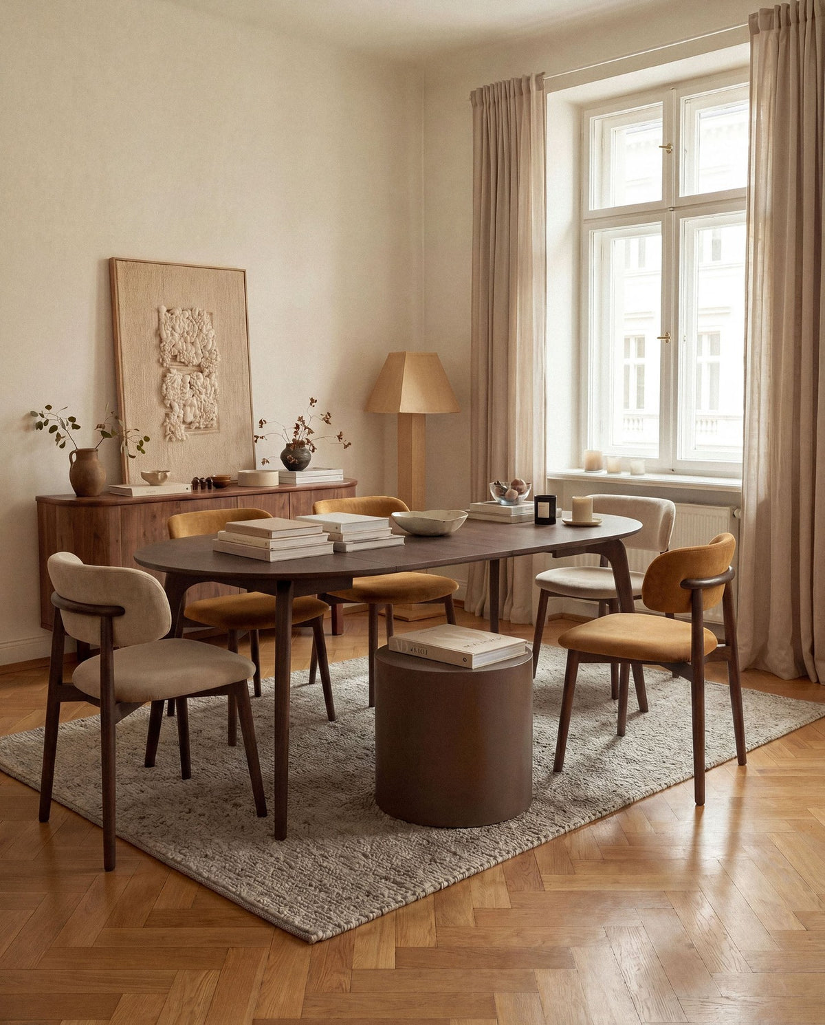 Quadratischer Esstisch mit Eichenfurnier-Oberfläche und Holzbeinen aus Eiche, Modell Renee von Micadoni, ohne Zubehör fotografiert.