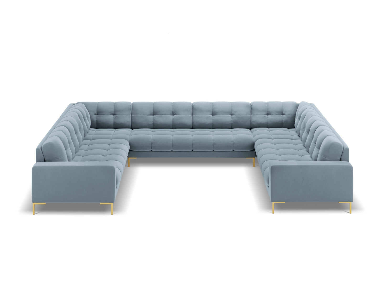 Mamaia Velour Panoramic Sofa 9 Sitzer in Light Blue/Gold präsentiert im Onlineshop von KAQTU Design AG. 3er Sofa ist von Micadoni