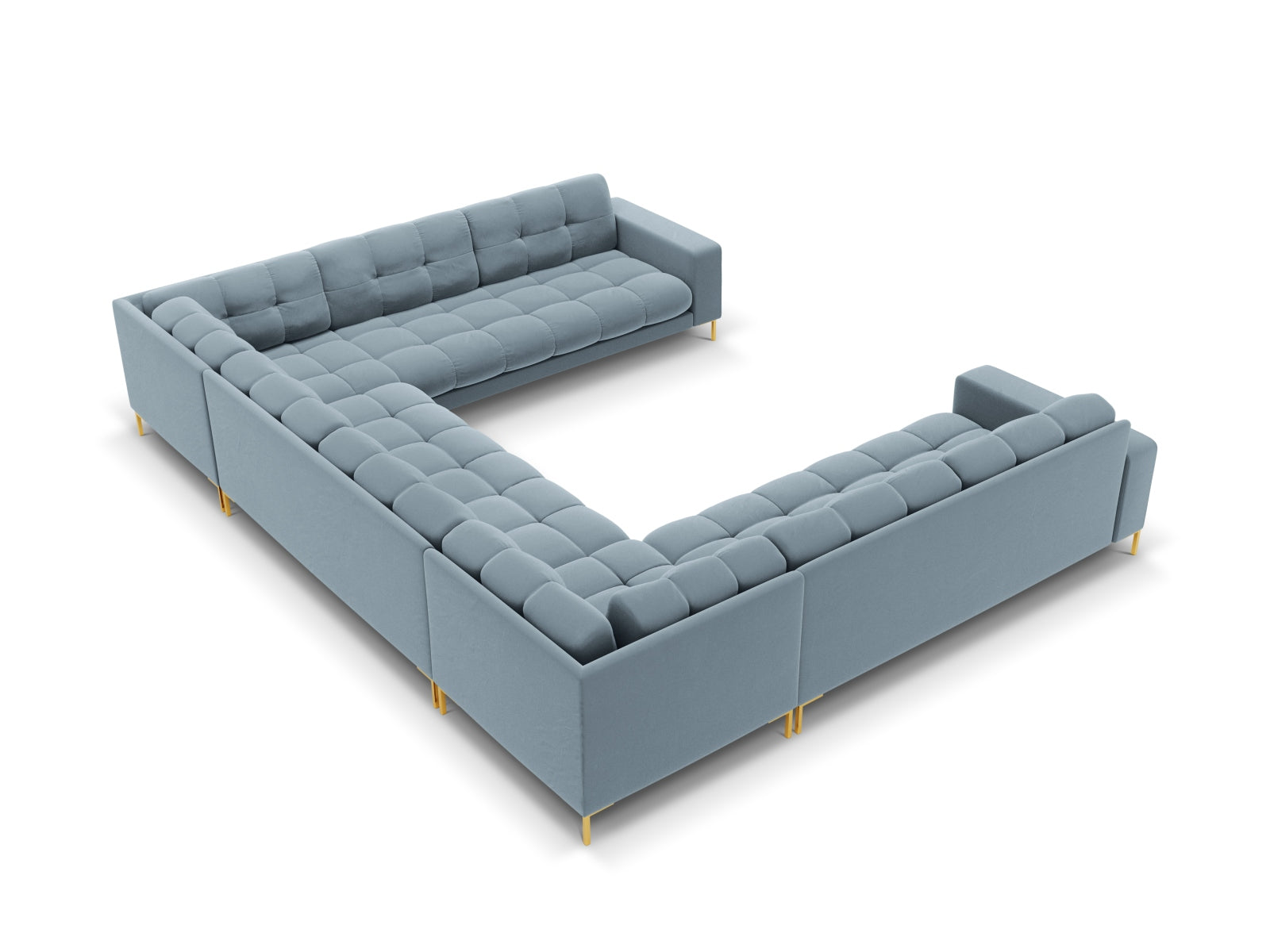 Mamaia Velour Panoramic Sofa 9 Sitzer in Light Blue/Gold präsentiert im Onlineshop von KAQTU Design AG. 3er Sofa ist von Micadoni