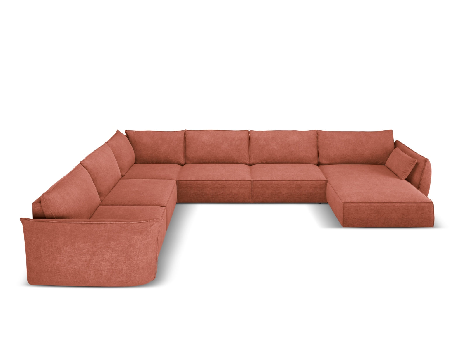 Elegantes Kaelle Panoramic Ecksofa links für 8 Personen in warmem Terracotta, ideal für stilvolle Wohnräume.
