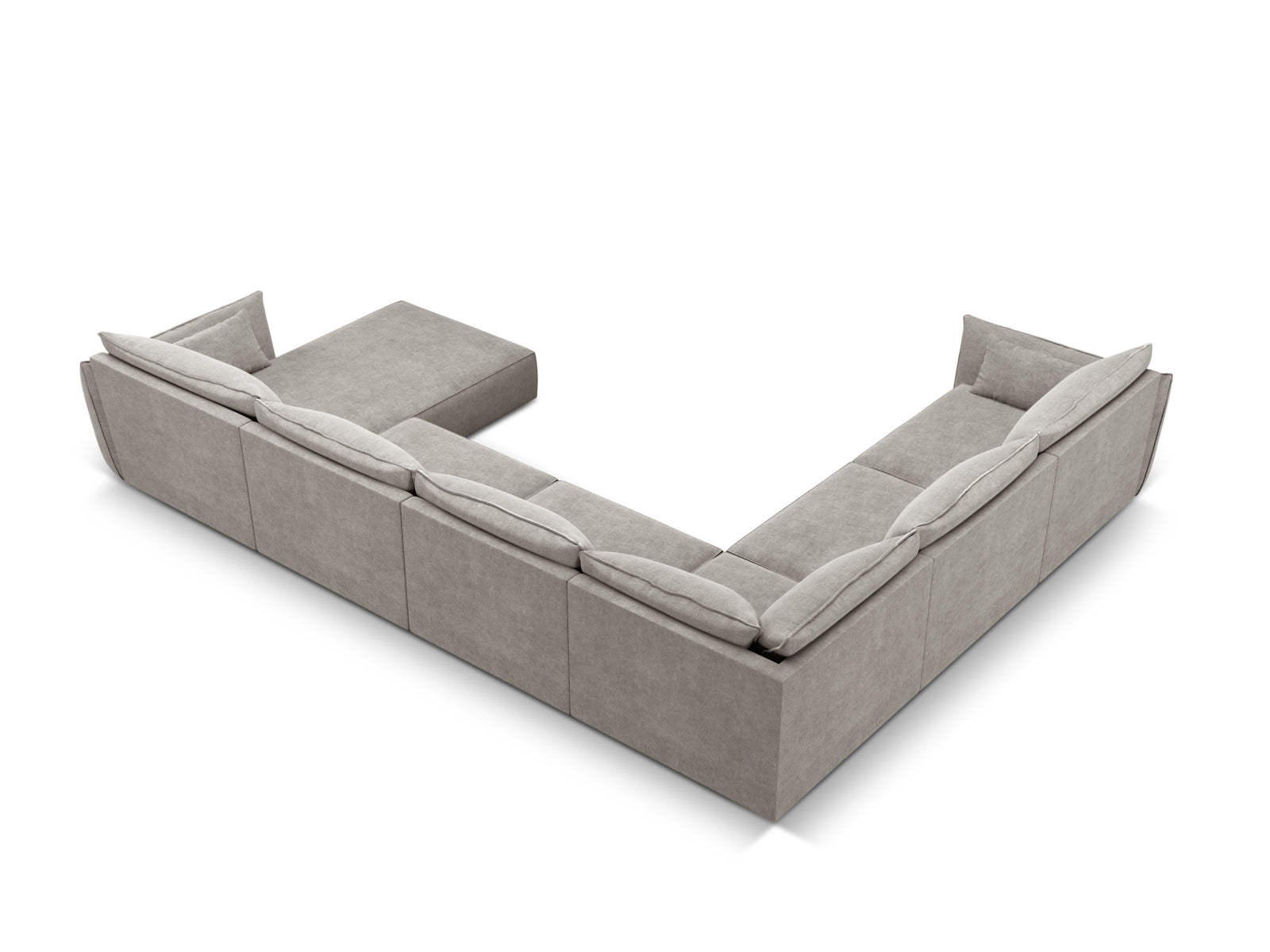 Elegantes Kaelle Panoramic Ecksofa links für 8 Personen in sanftem Grau, perfekt für gesellige Runden und stilvolle Einrichtung.