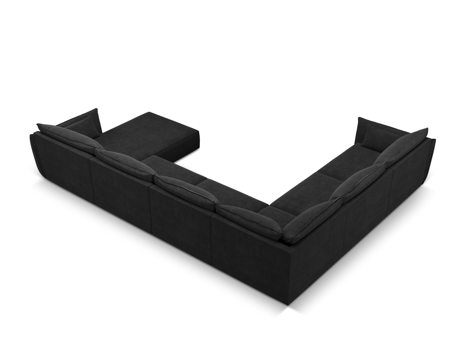Geräumiges Kaelle Panoramic Ecksofa links für 8 Personen in edlem Schwarz, perfekt für entspannte Abende und stilvolle Einrichtung.