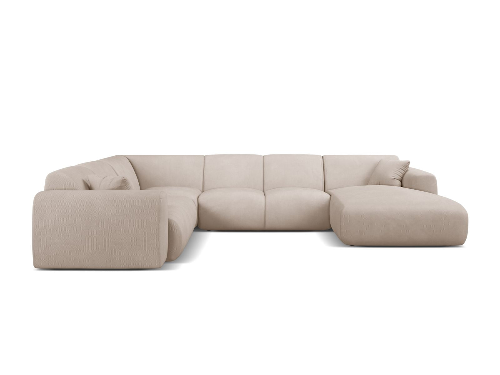 Beige 6-Sitzer Ecksofa Molino von Micadoni, modular und panoramisch, ideal für stilvolle Wohnräume, präsentiert in modernem Design.