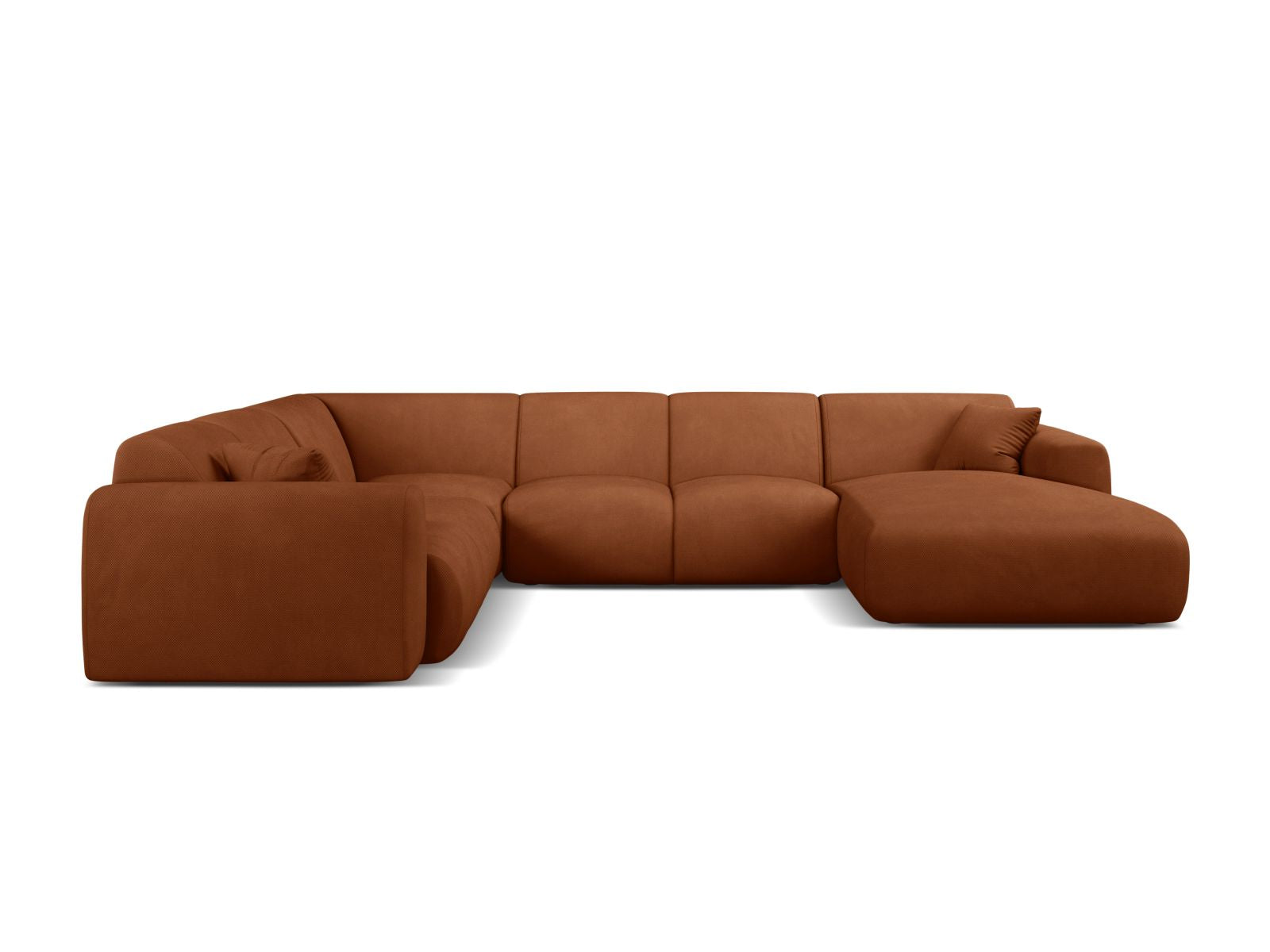 Stylisches 6-Sitzer Ecksofa Molino in Orange-Rebel, ideal für moderne Wohnräume, bietet Komfort und Eleganz in einem modularen Design.