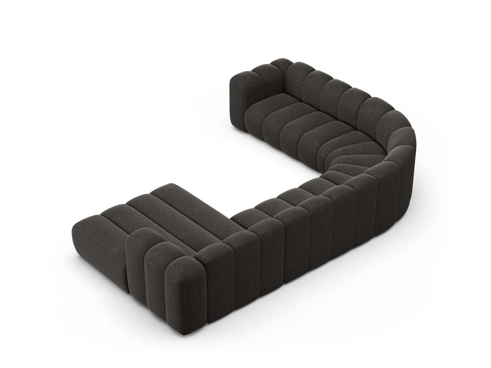 Elegantes, modulares Ecksofa in stilvollem Dunkelgrau, ideal für große Räume. Bietet komfortablen Sitzplatz für bis zu 6 Personen.