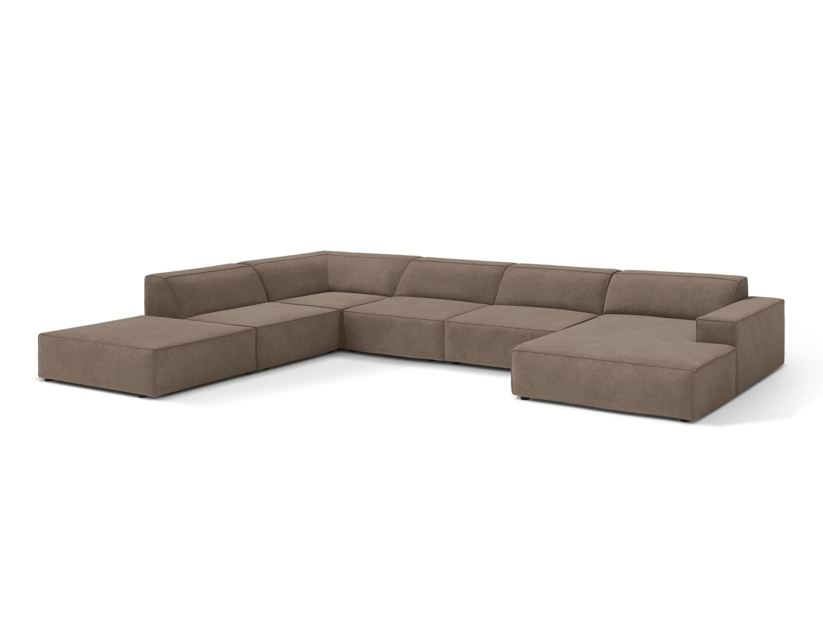 Elegantes 7-Sitzer Ecksofa Jodie in Cappuccino-Liberty, ideal für moderne Wohnräume, bietet Komfort und Stil in einer modularen Form.