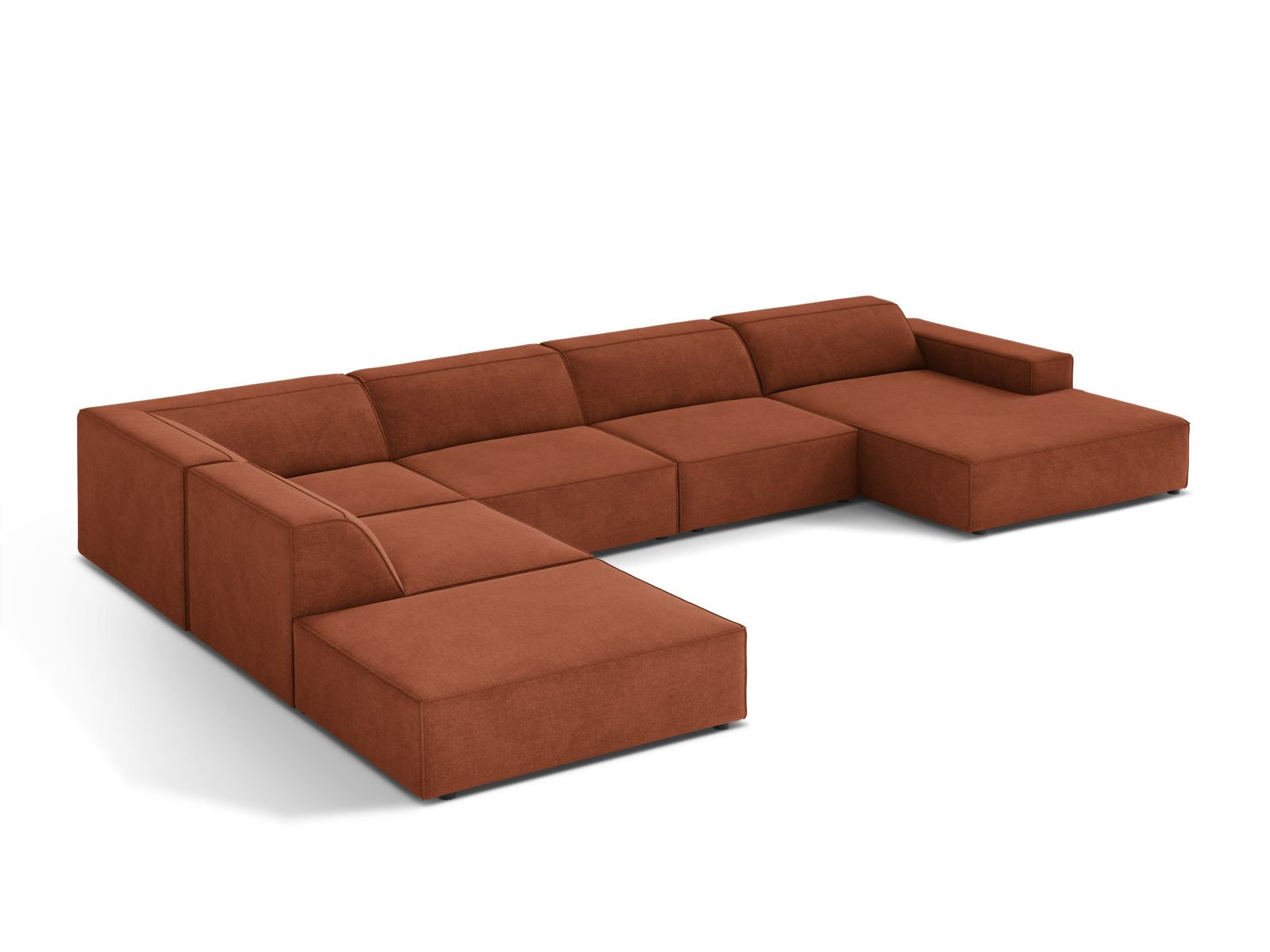 Elegantes 7-Sitzer Ecksofa Jodie in Brick-Liberty, linksseitig, ideal für moderne und einladende Wohnräume.