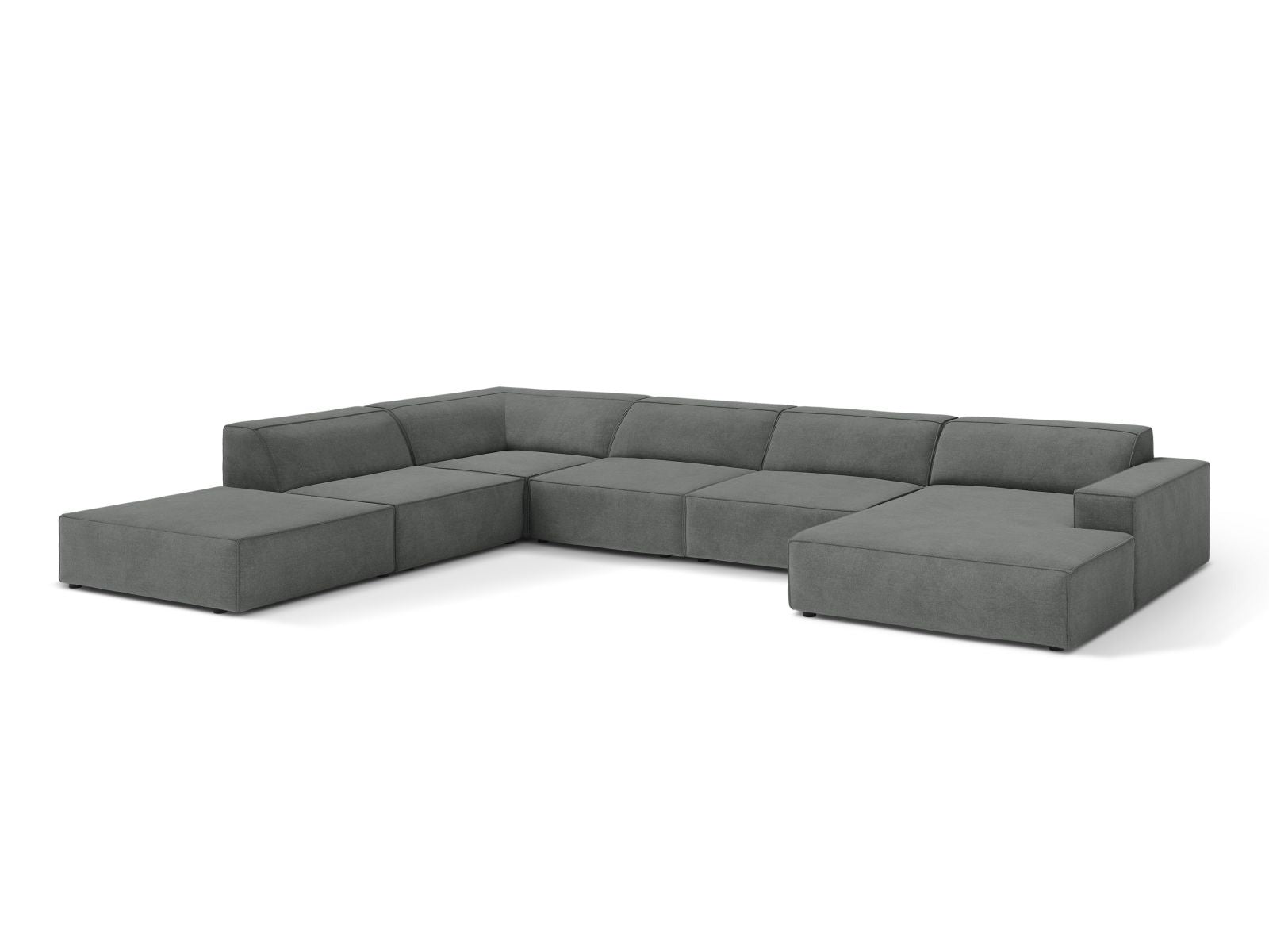 Stylisches 7-Sitzer Ecksofa Jodie in Grau, modular und panoramisch, ideal für moderne Wohnräume, präsentiert von Micadoni.