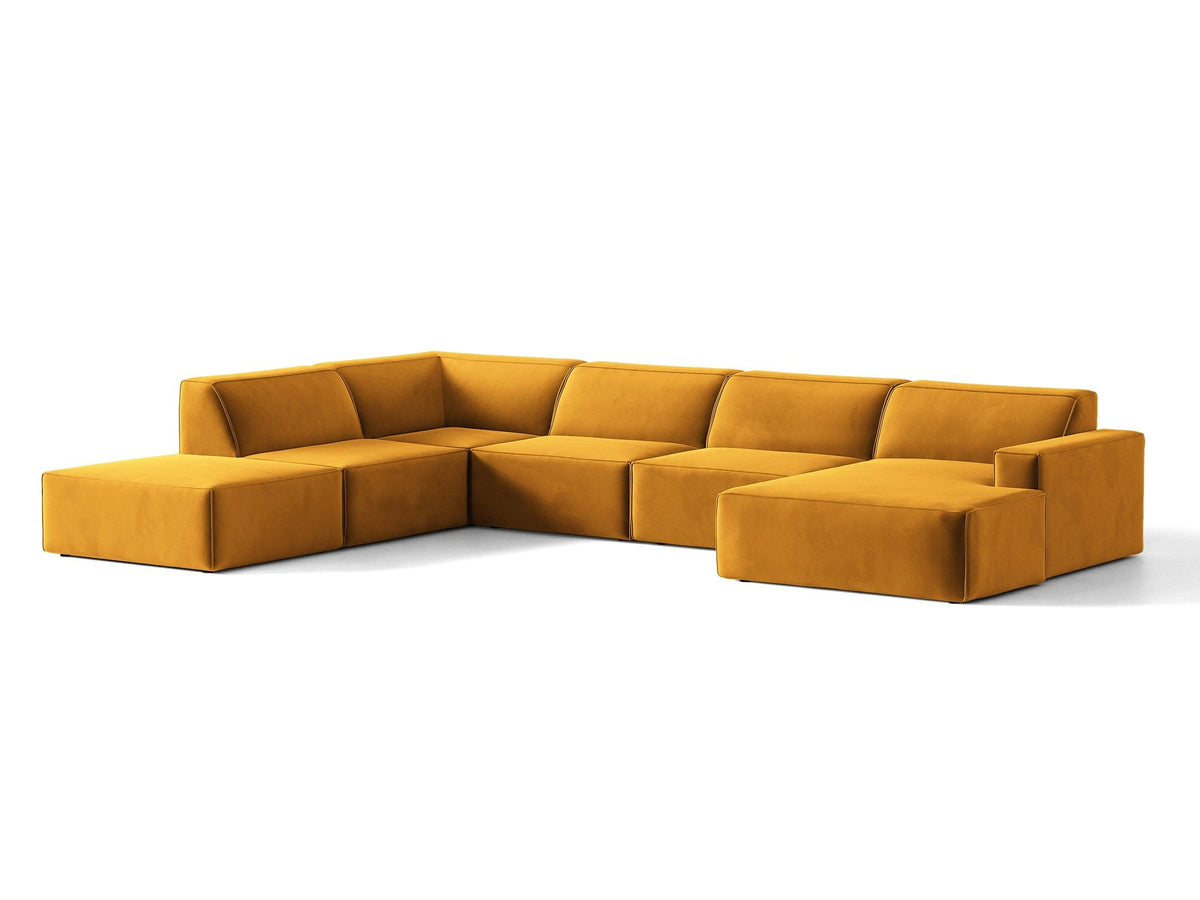 Modulares Ecksofa links Jodie von Micadoni in leichtem Beige mit Venus-Samtstoff, schwarzen Kunststoffbeinen und Panoramaform.