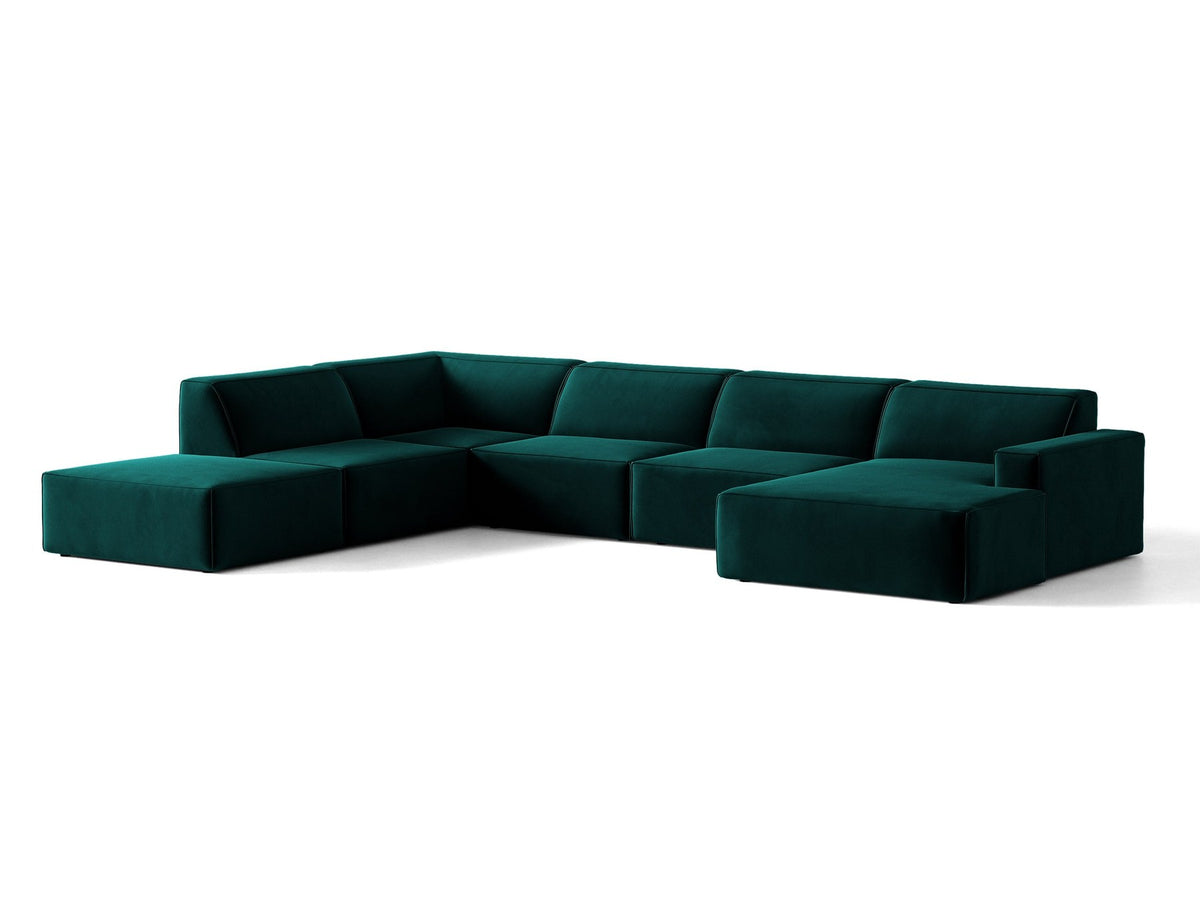 Modulares Ecksofa links Jodie von Micadoni in leichtem Beige mit Venus-Samtstoff, schwarzen Kunststoffbeinen und Panoramaform.