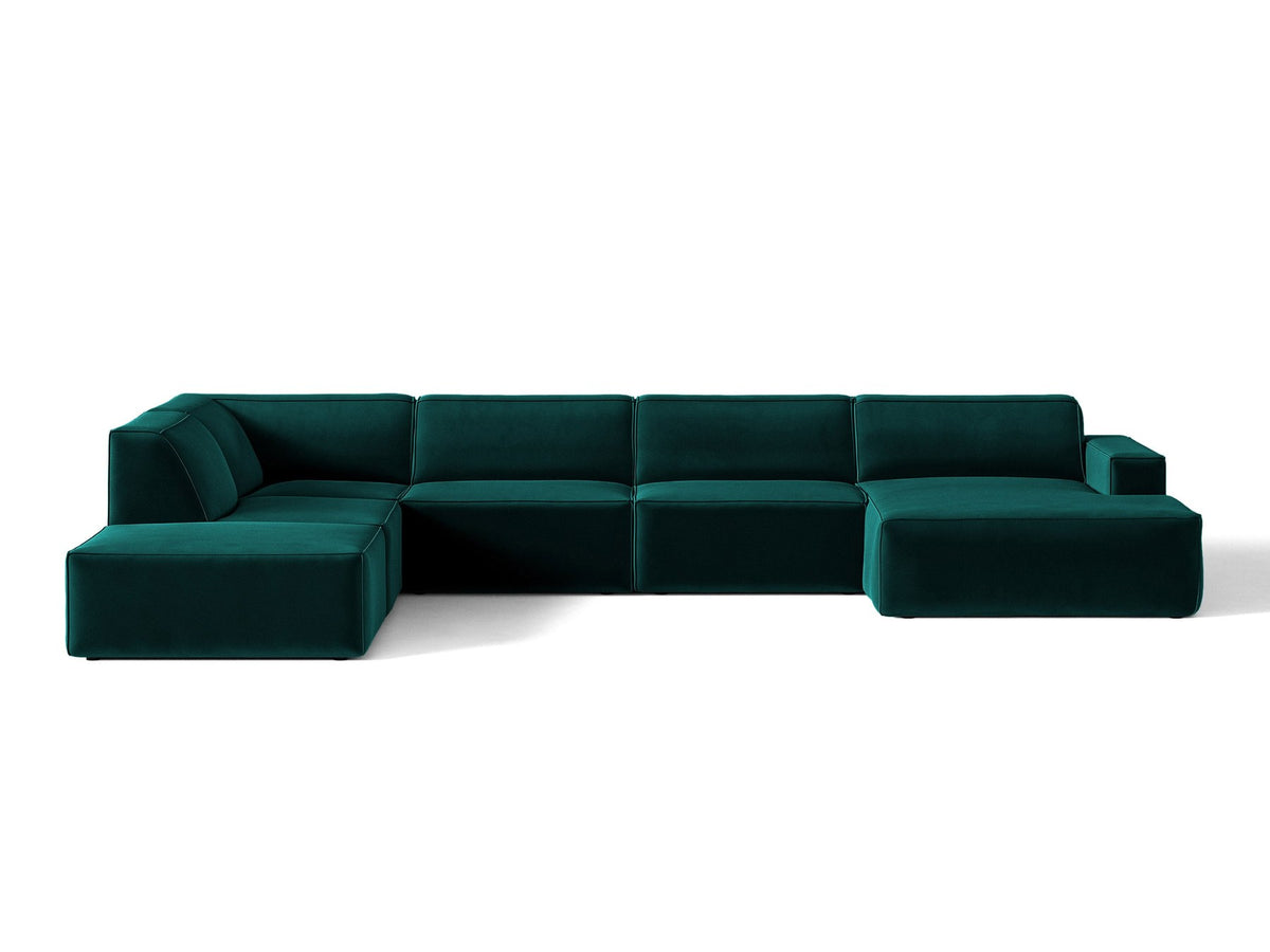 Modulares Ecksofa links Jodie von Micadoni in leichtem Beige mit Venus-Samtstoff, schwarzen Kunststoffbeinen und Panoramaform.