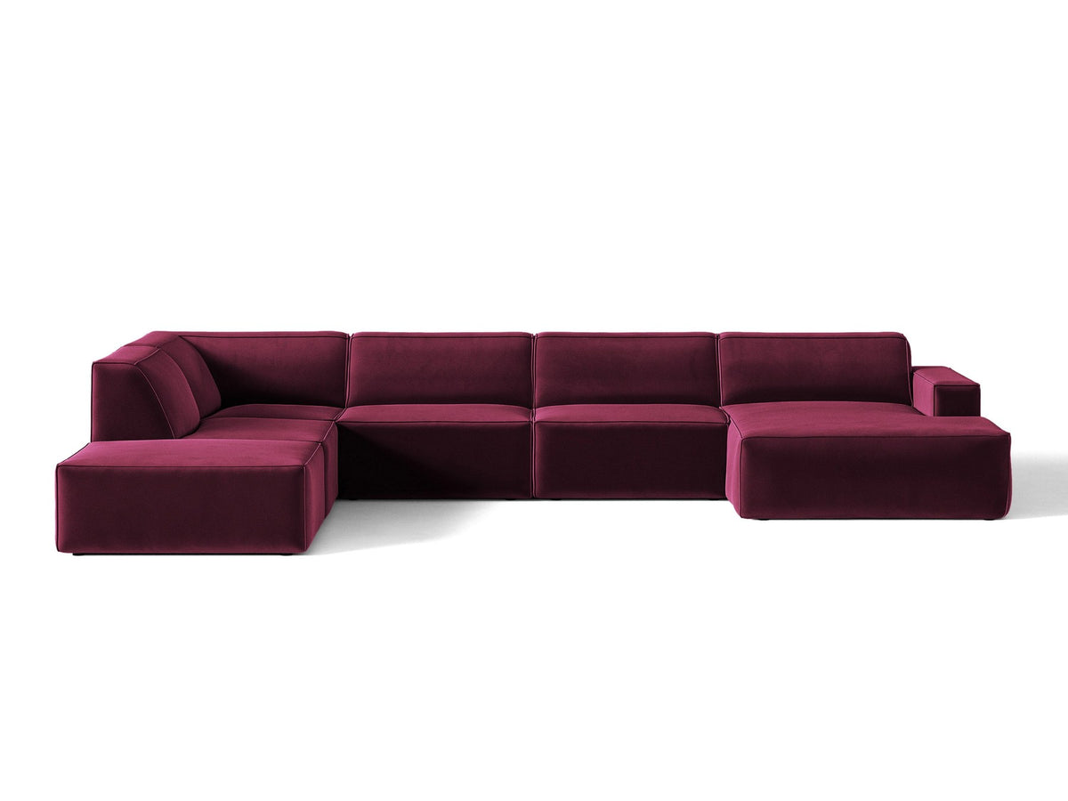Modulares Ecksofa links Jodie von Micadoni in leichtem Beige mit Venus-Samtstoff, schwarzen Kunststoffbeinen und Panoramaform.