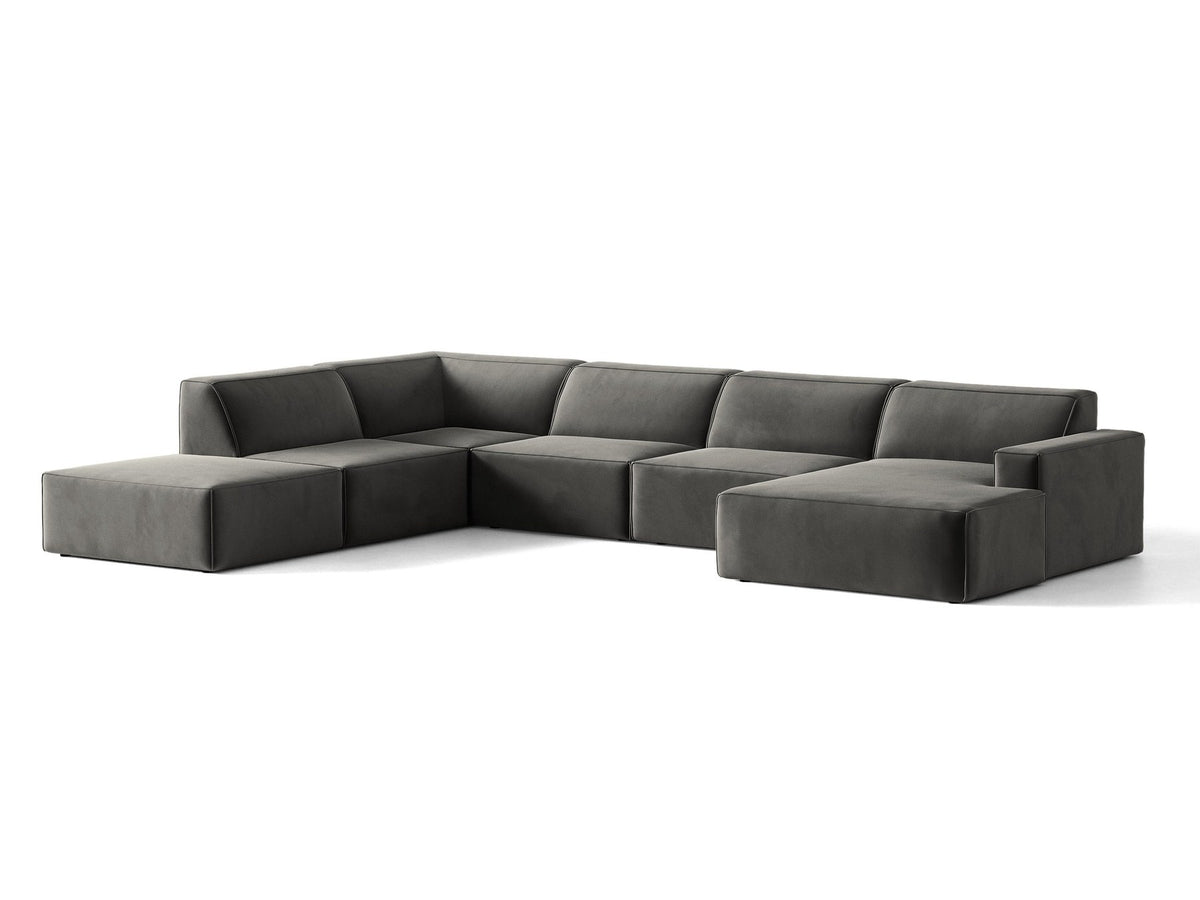 Modulares Ecksofa links Jodie von Micadoni in leichtem Beige mit Venus-Samtstoff, schwarzen Kunststoffbeinen und Panoramaform.