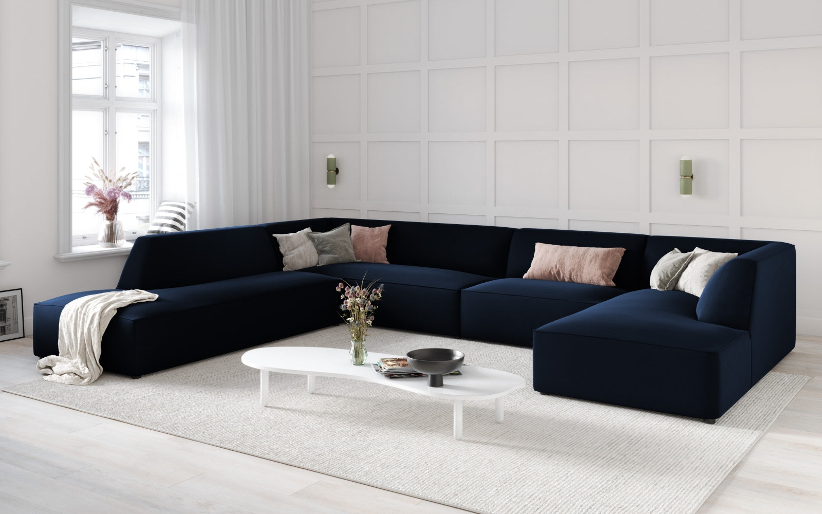 Ruby Velour Panoramic Ecksofa links 7 Sitzer in Royal Blue präsentiert im Onlineshop von KAQTU Design AG. Ecksofa links ist von Micadoni