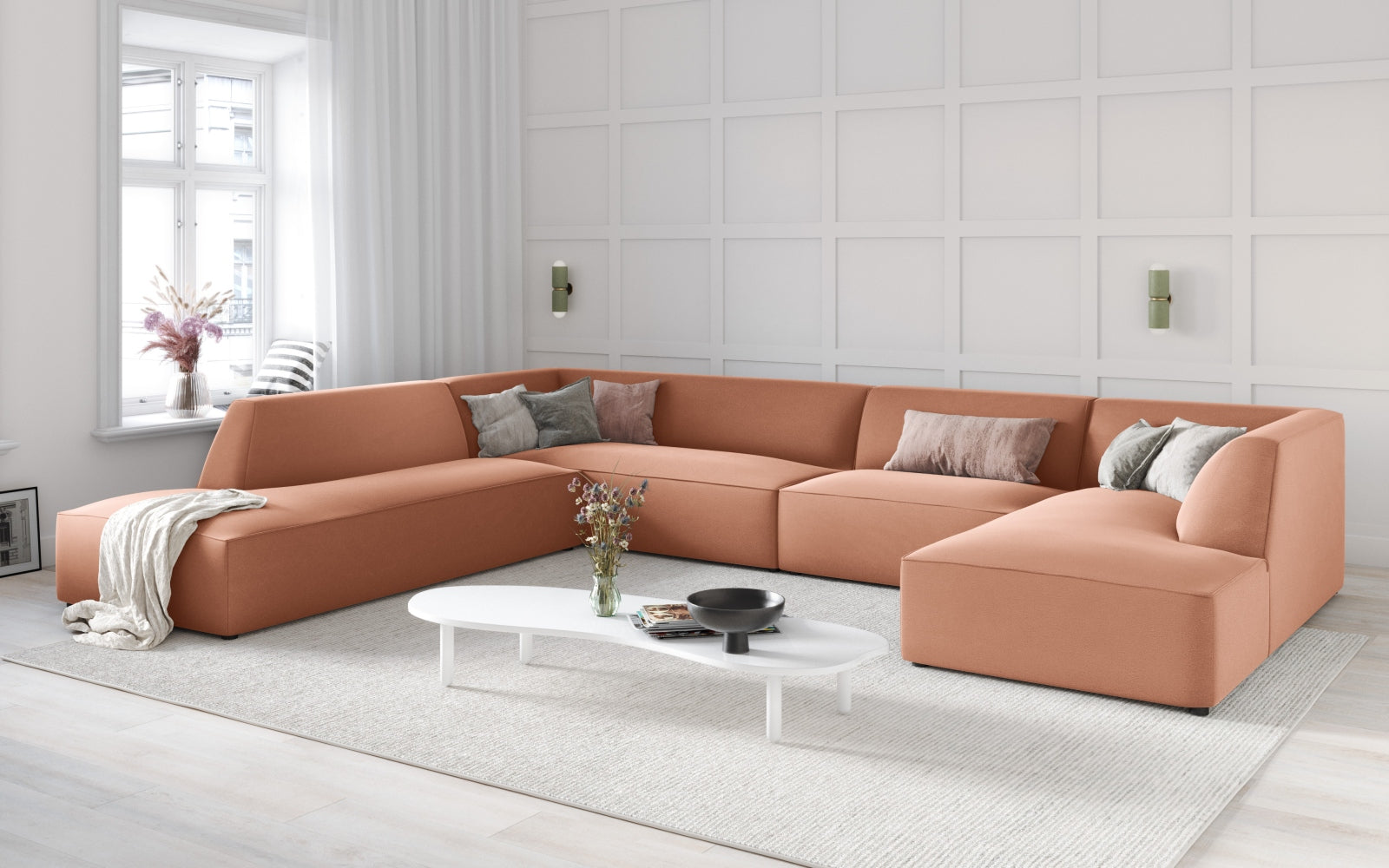 Ruby Velour Panoramic Ecksofa links 7 Sitzer in Pink präsentiert im Onlineshop von KAQTU Design AG. Ecksofa links ist von Micadoni