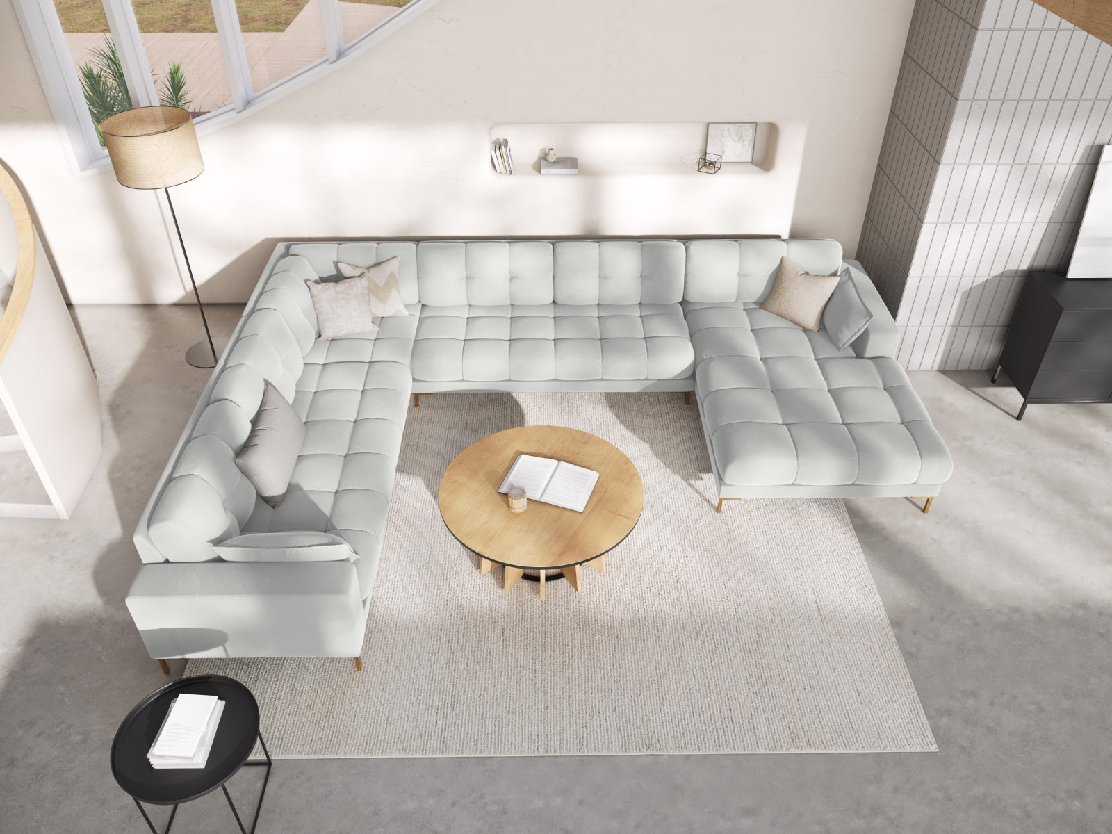 Mamaia Velour Panoramic Ecksofa links 7 Sitzer in Silver/Gold präsentiert im Onlineshop von KAQTU Design AG. Ecksofa links ist von Micadoni
