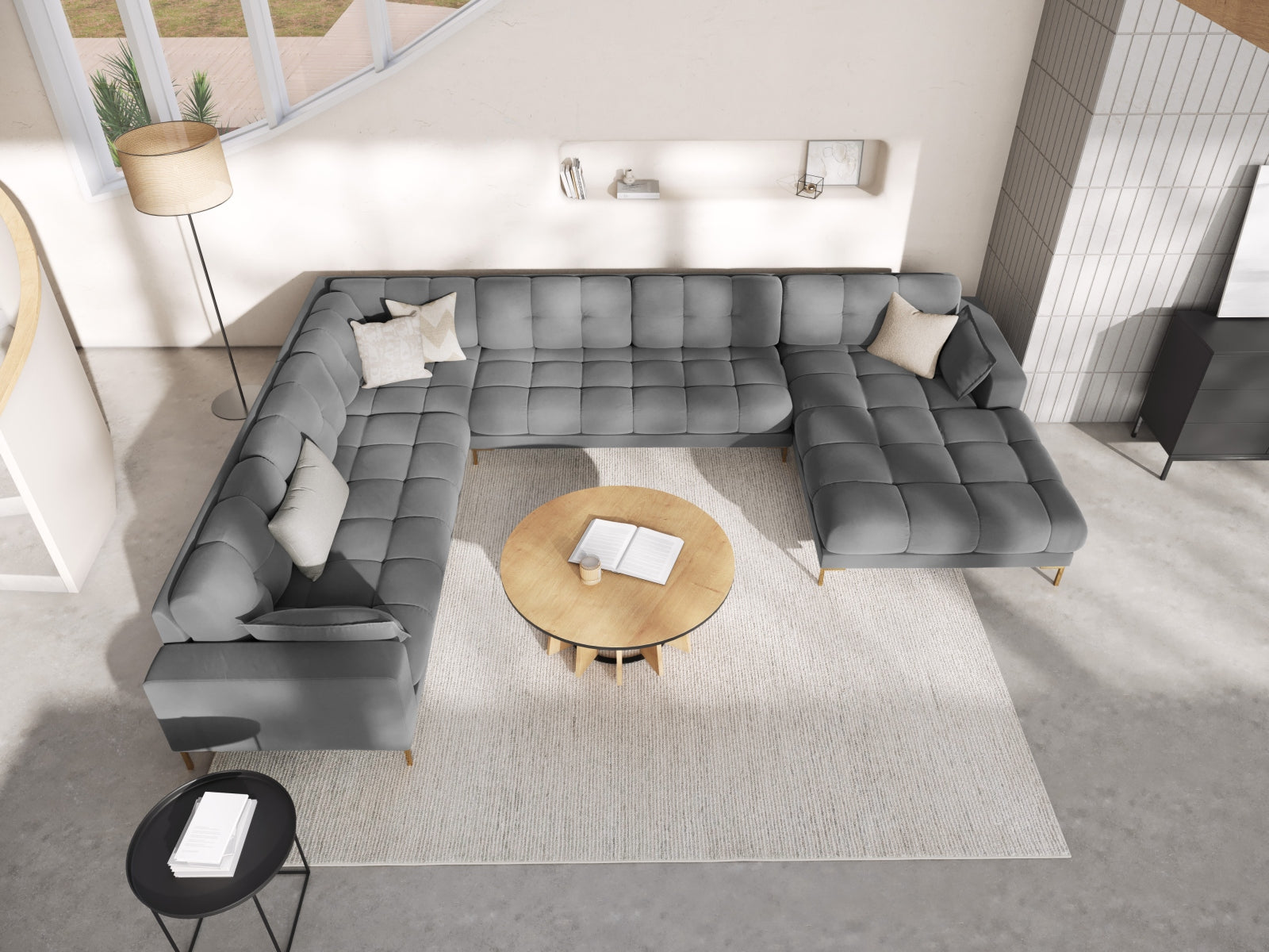 Mamaia Velour Panoramic Ecksofa links 7 Sitzer in Light Grey/Gold präsentiert im Onlineshop von KAQTU Design AG. Ecksofa links ist von Micadoni