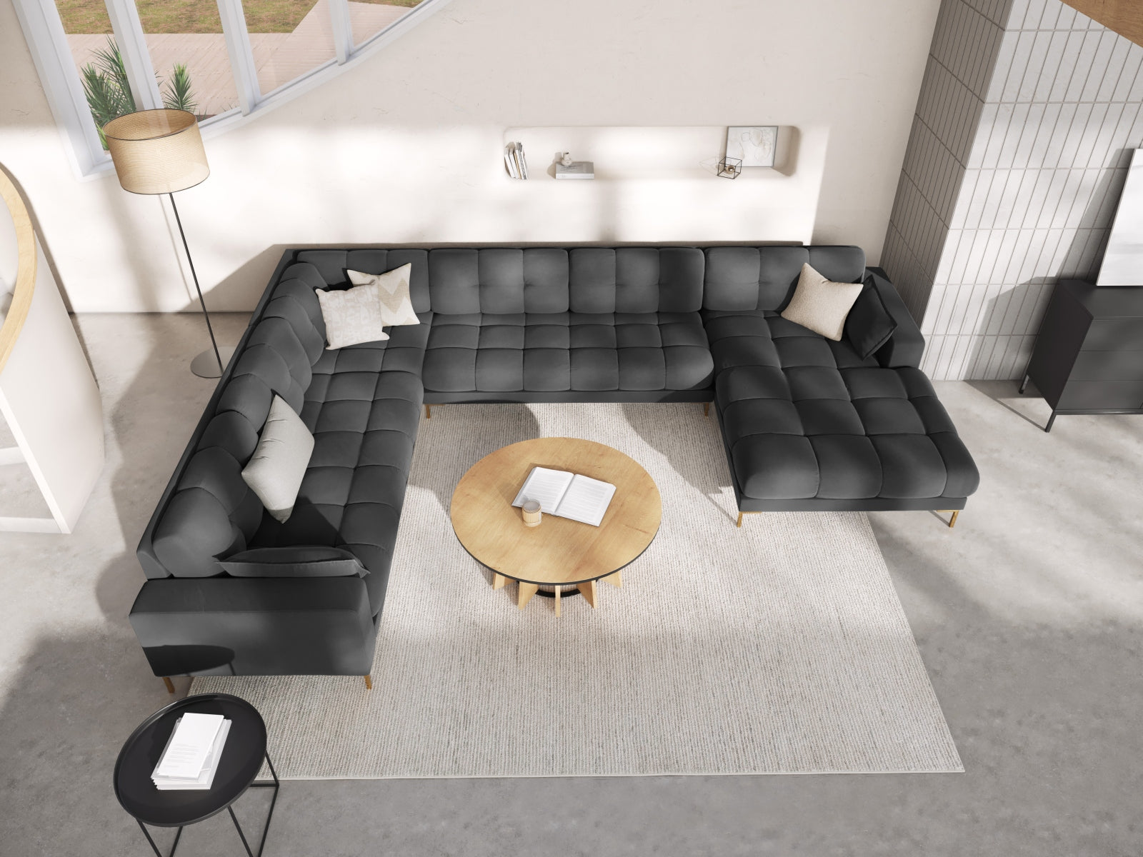 Mamaia Velour Panoramic Ecksofa links 7 Sitzer in Dark Grey/Gold präsentiert im Onlineshop von KAQTU Design AG. Ecksofa links ist von Micadoni