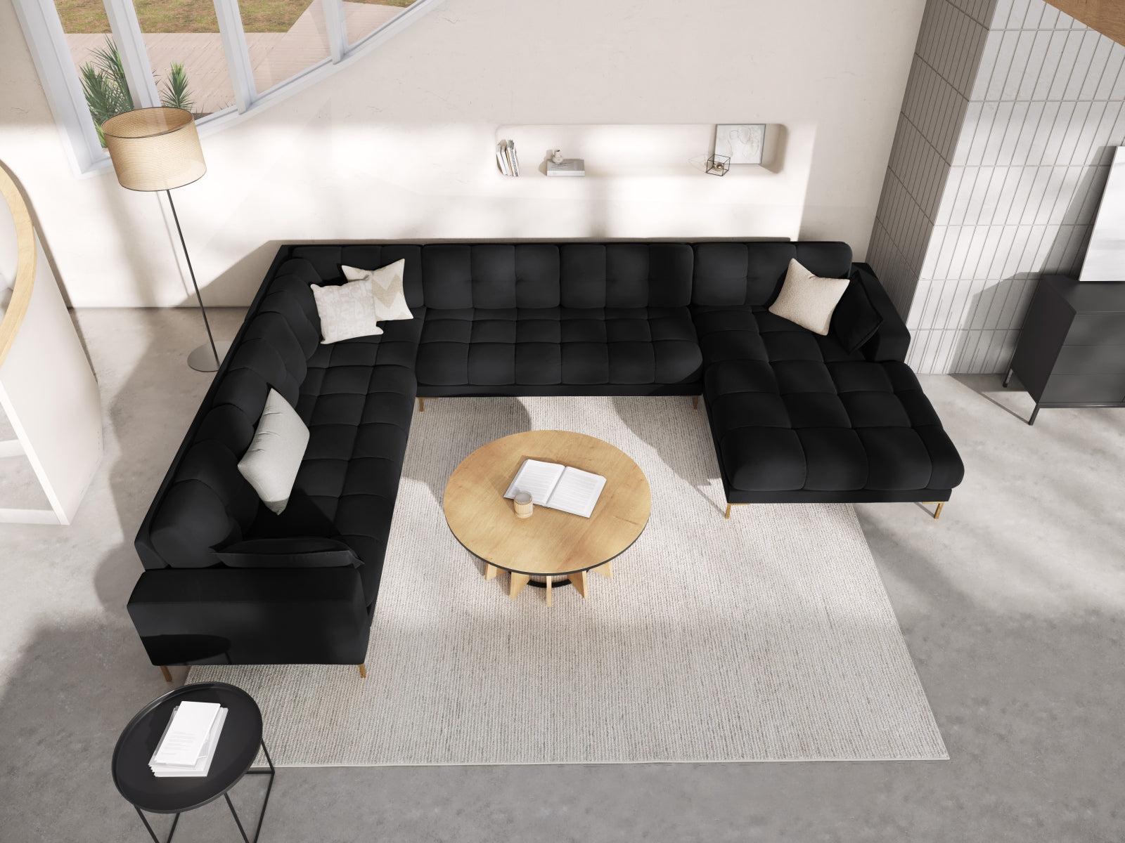 Mamaia Velour Panoramic Ecksofa links 7 Sitzer in Black/Gold präsentiert im Onlineshop von KAQTU Design AG. Ecksofa links ist von Micadoni