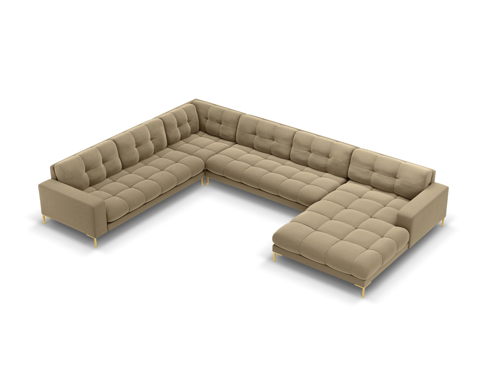 Mamaia Velour Panoramic Ecksofa links 7 Sitzer in Beige/Gold präsentiert im Onlineshop von KAQTU Design AG. Ecksofa links ist von Micadoni