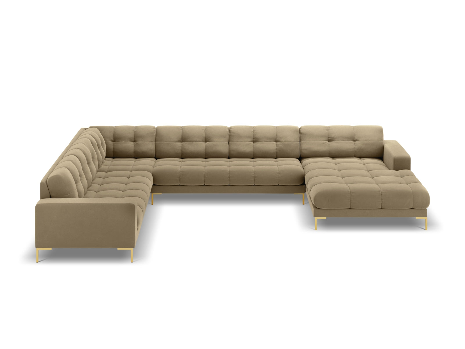 Mamaia Velour Panoramic Ecksofa links 7 Sitzer in Beige/Gold präsentiert im Onlineshop von KAQTU Design AG. Ecksofa links ist von Micadoni