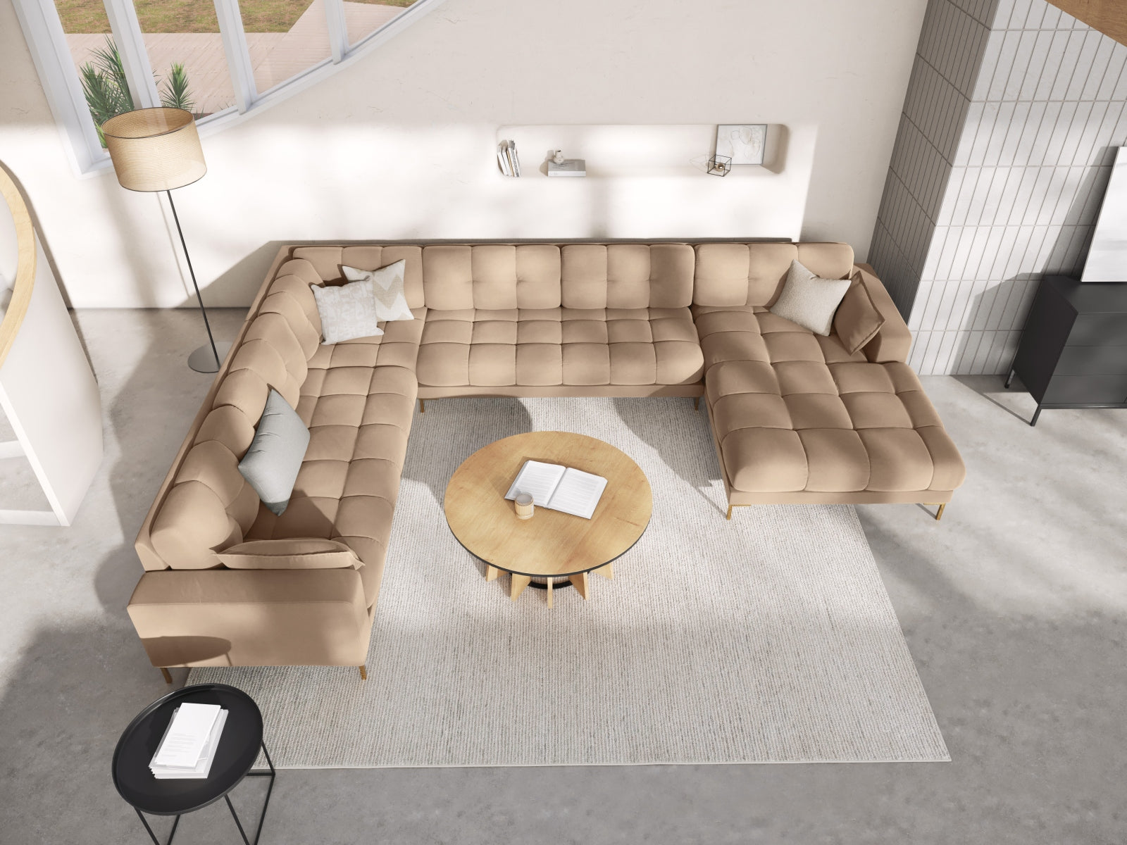 Mamaia Velour Panoramic Ecksofa links 7 Sitzer in Beige/Gold präsentiert im Onlineshop von KAQTU Design AG. Ecksofa links ist von Micadoni