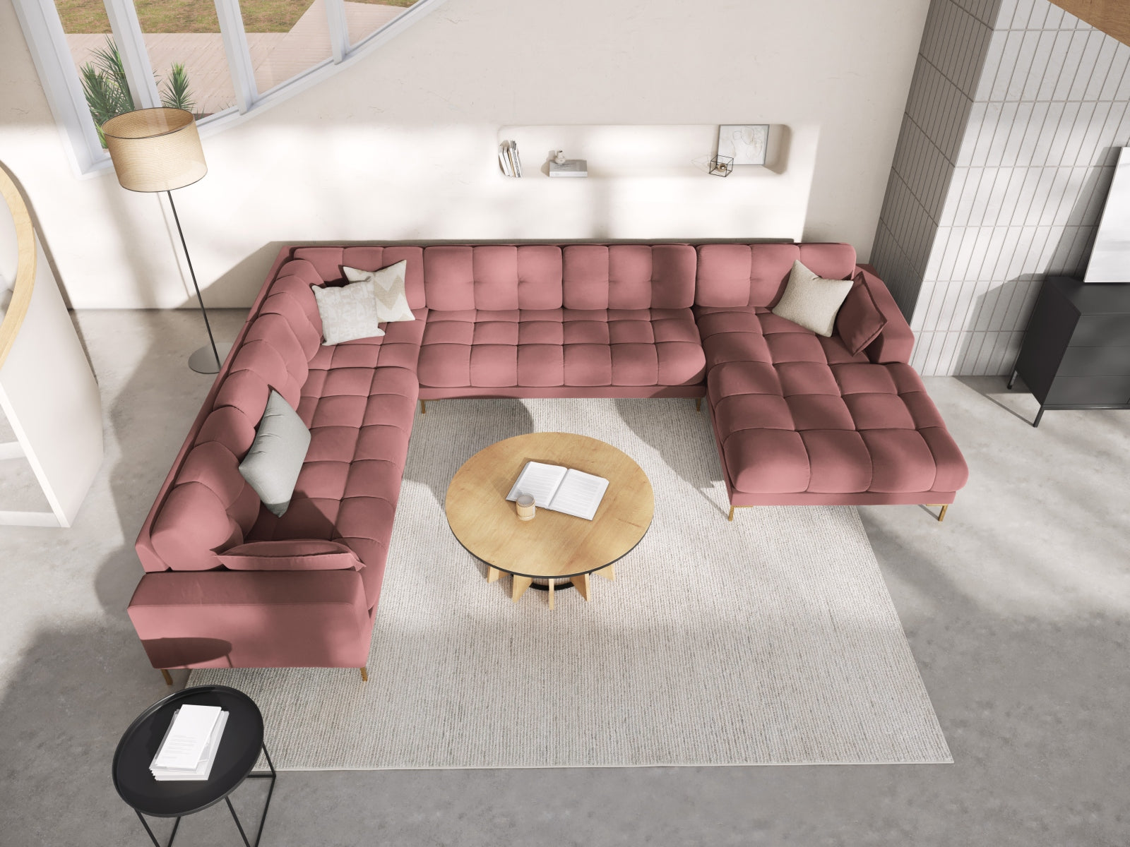 Mamaia Velour Panoramic Ecksofa links 7 Sitzer in Pink/Gold präsentiert im Onlineshop von KAQTU Design AG. Ecksofa links ist von Micadoni