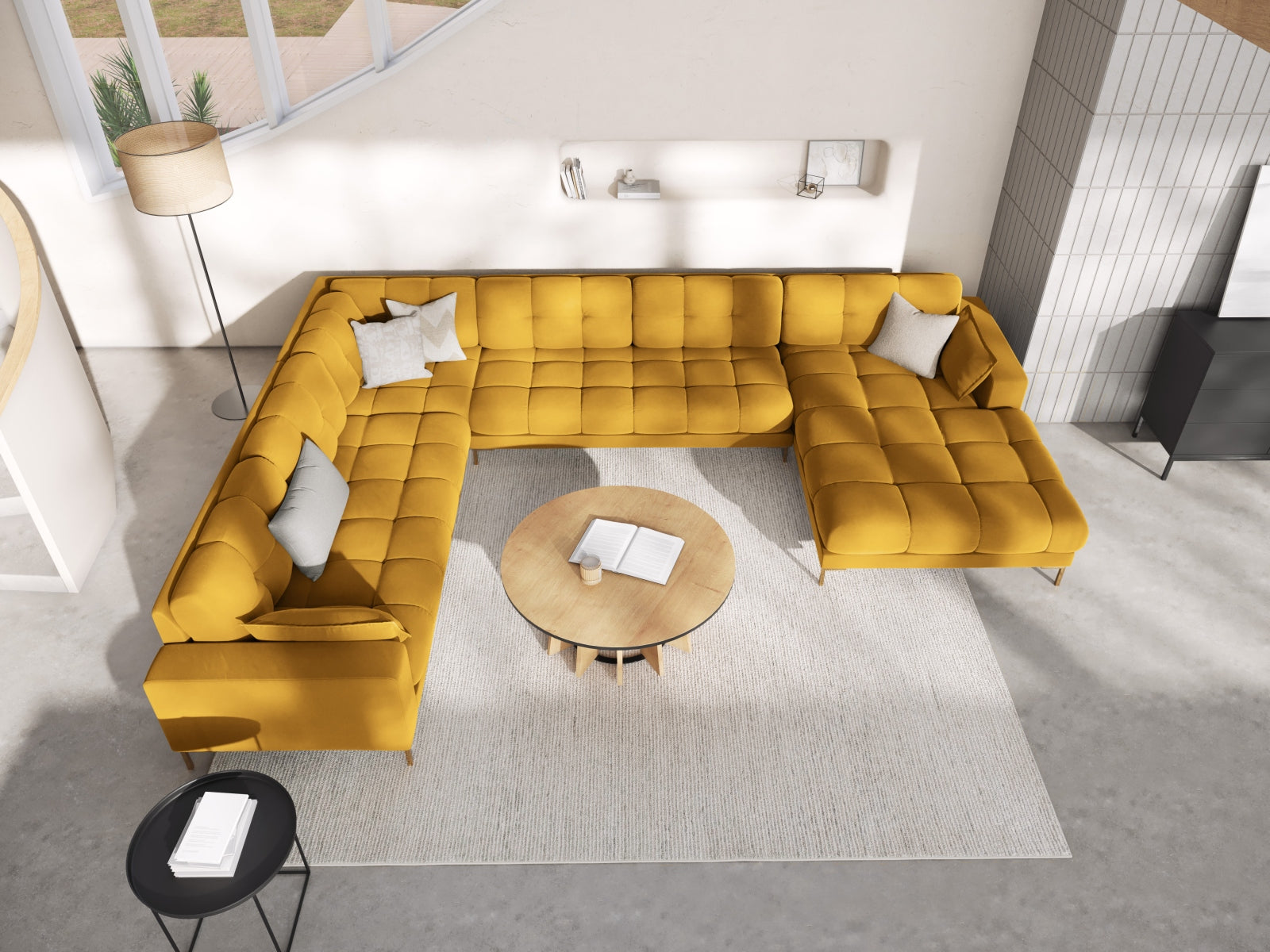 Mamaia Velour Panoramic Ecksofa links 7 Sitzer in Yellow/Gold präsentiert im Onlineshop von KAQTU Design AG. Ecksofa links ist von Micadoni