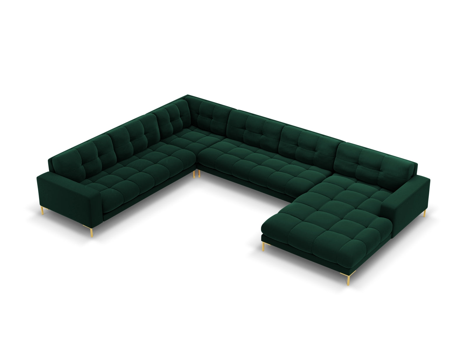 Mamaia Velour Panoramic Ecksofa links 7 Sitzer in Bottle Green/Gold präsentiert im Onlineshop von KAQTU Design AG. Ecksofa links ist von Micadoni