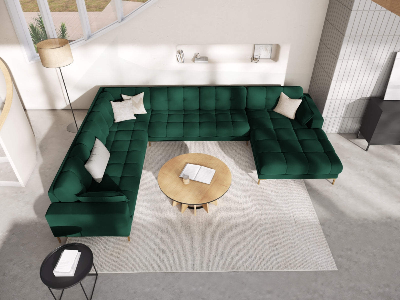 Mamaia Velour Panoramic Ecksofa links 7 Sitzer in Bottle Green/Gold präsentiert im Onlineshop von KAQTU Design AG. Ecksofa links ist von Micadoni