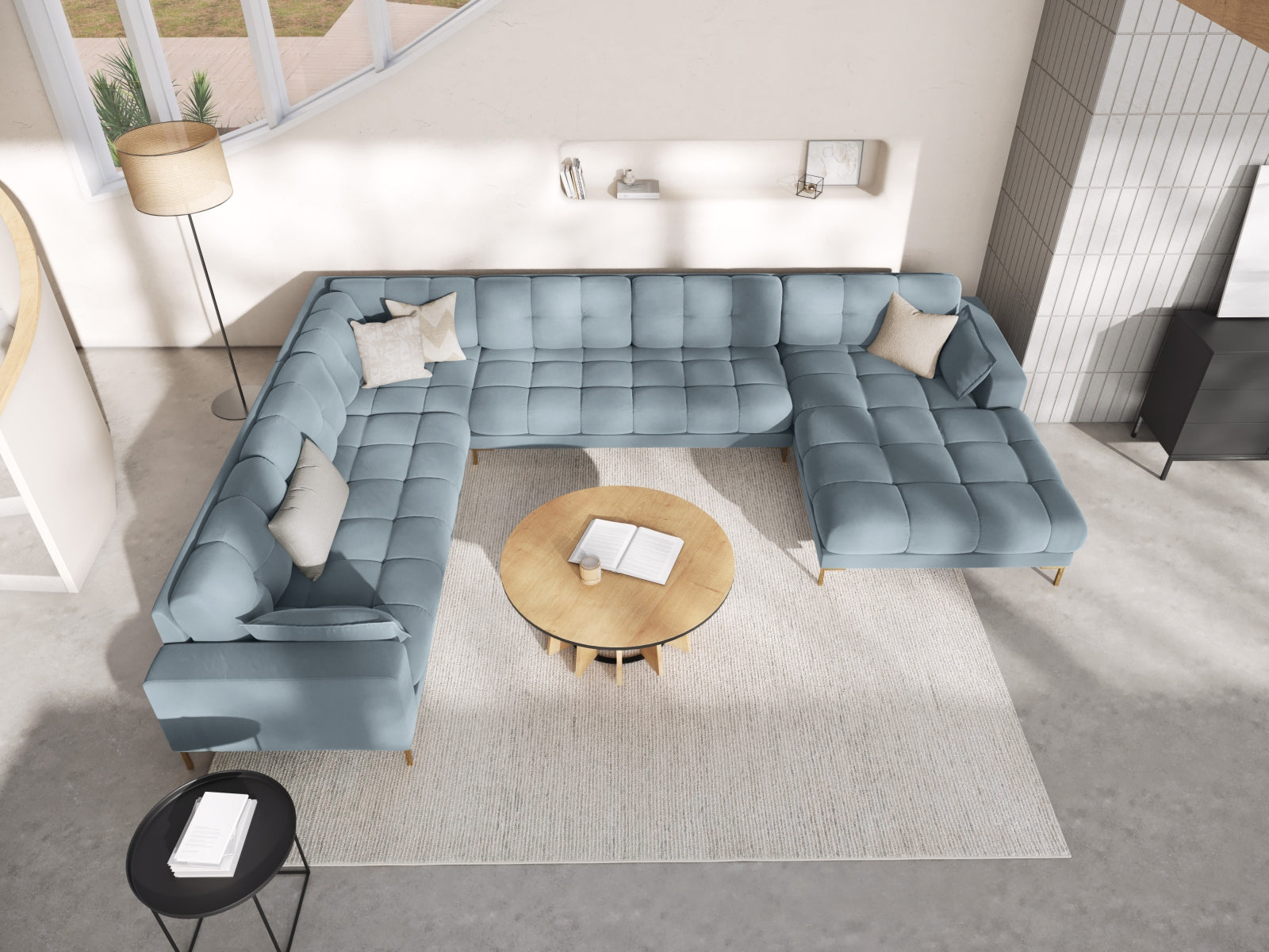 Mamaia Velour Panoramic Ecksofa links 7 Sitzer in Light Blue/Gold präsentiert im Onlineshop von KAQTU Design AG. Ecksofa links ist von Micadoni