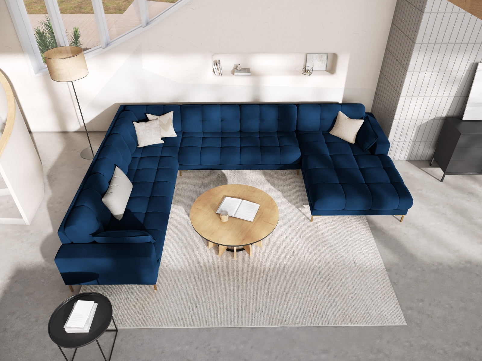 Mamaia Velour Panoramic Ecksofa links 7 Sitzer in Royal Blue/Gold präsentiert im Onlineshop von KAQTU Design AG. Ecksofa links ist von Micadoni